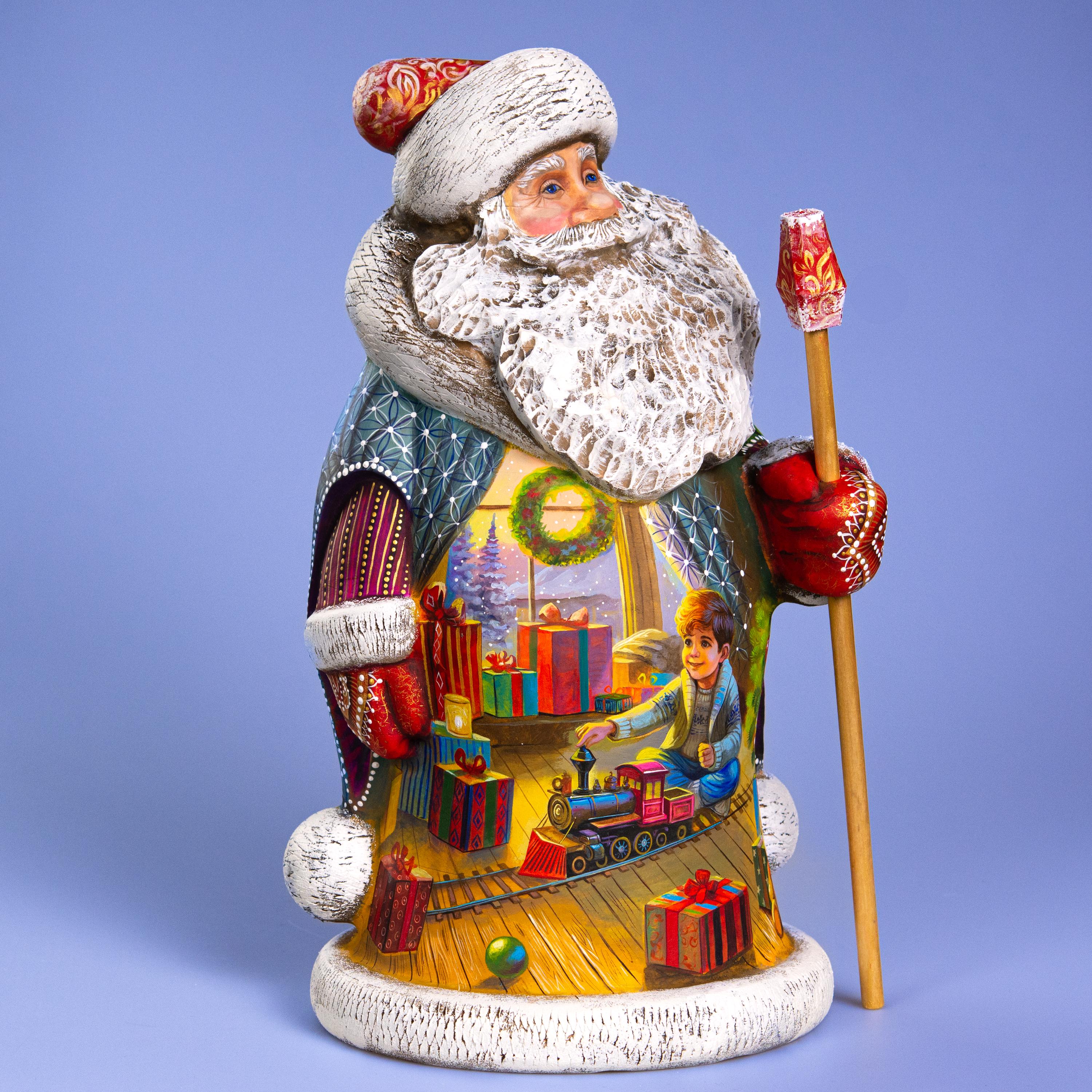Collectible Santa Wood Figurine 14" — Boy Playing Toy Train