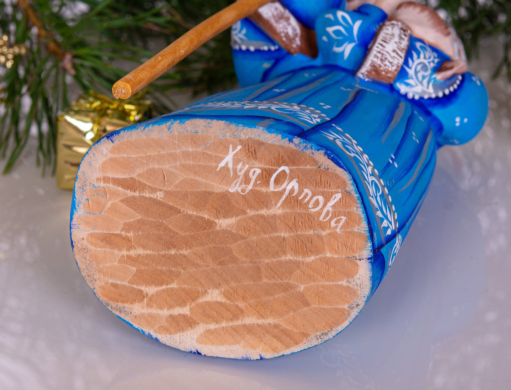 Blue Santa wood figurine 8.7 inch, hand carved with dog, Christmas shelf accent