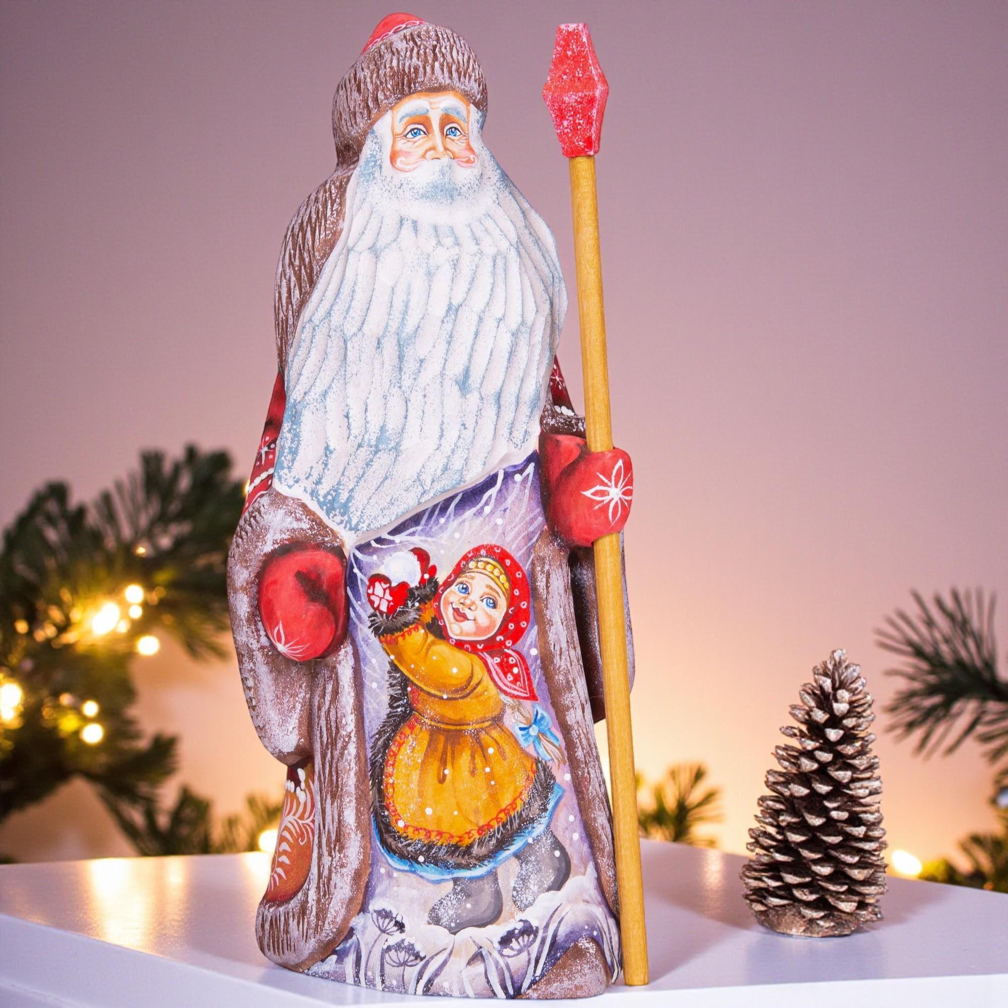Hand-Carved Wooden Santa Claus Figurine 9inch: Folk Art Christmas Decor