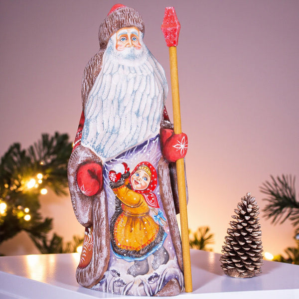 Hand-Carved Wooden Santa Claus Figurine 9inch: Folk Art Christmas Decor