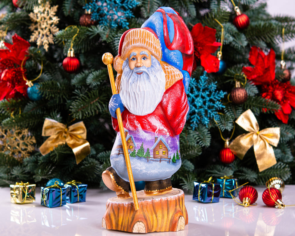 Hand carved Old-World Santa figurine 11.4 inch, snowy village artwork, rustic lodge shelf decor