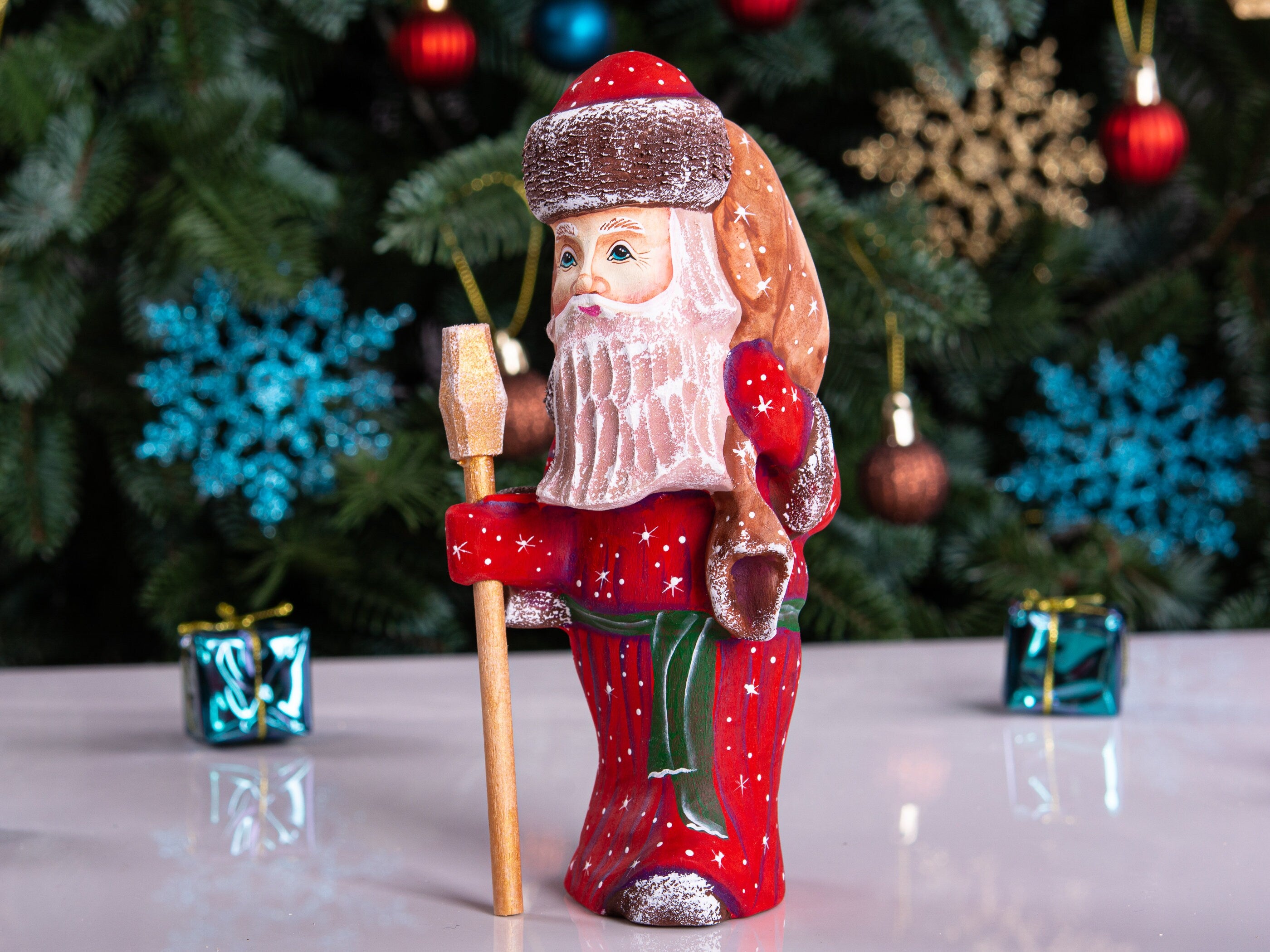 Hand carved Santa wooden figurine 7 inch, Holy Family scene