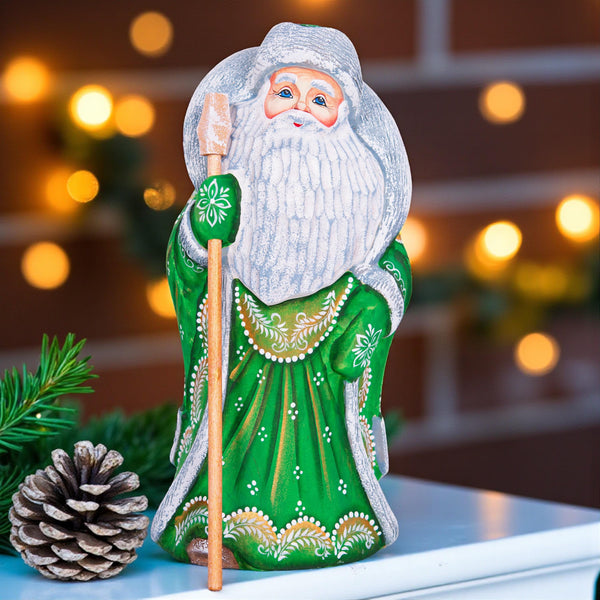 Green Santa wooden figurine 9.5 inch, hand carved Christmas mantel decor