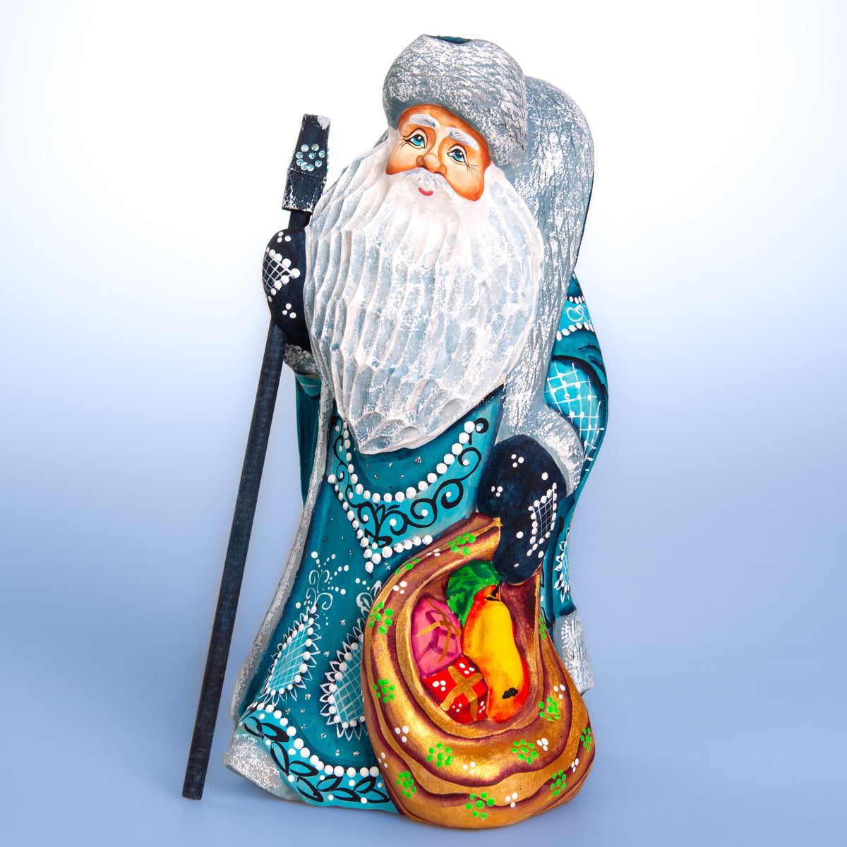 Hand carved teal Santa wooden figurine 9.1 inch, toy sack, mantel decor