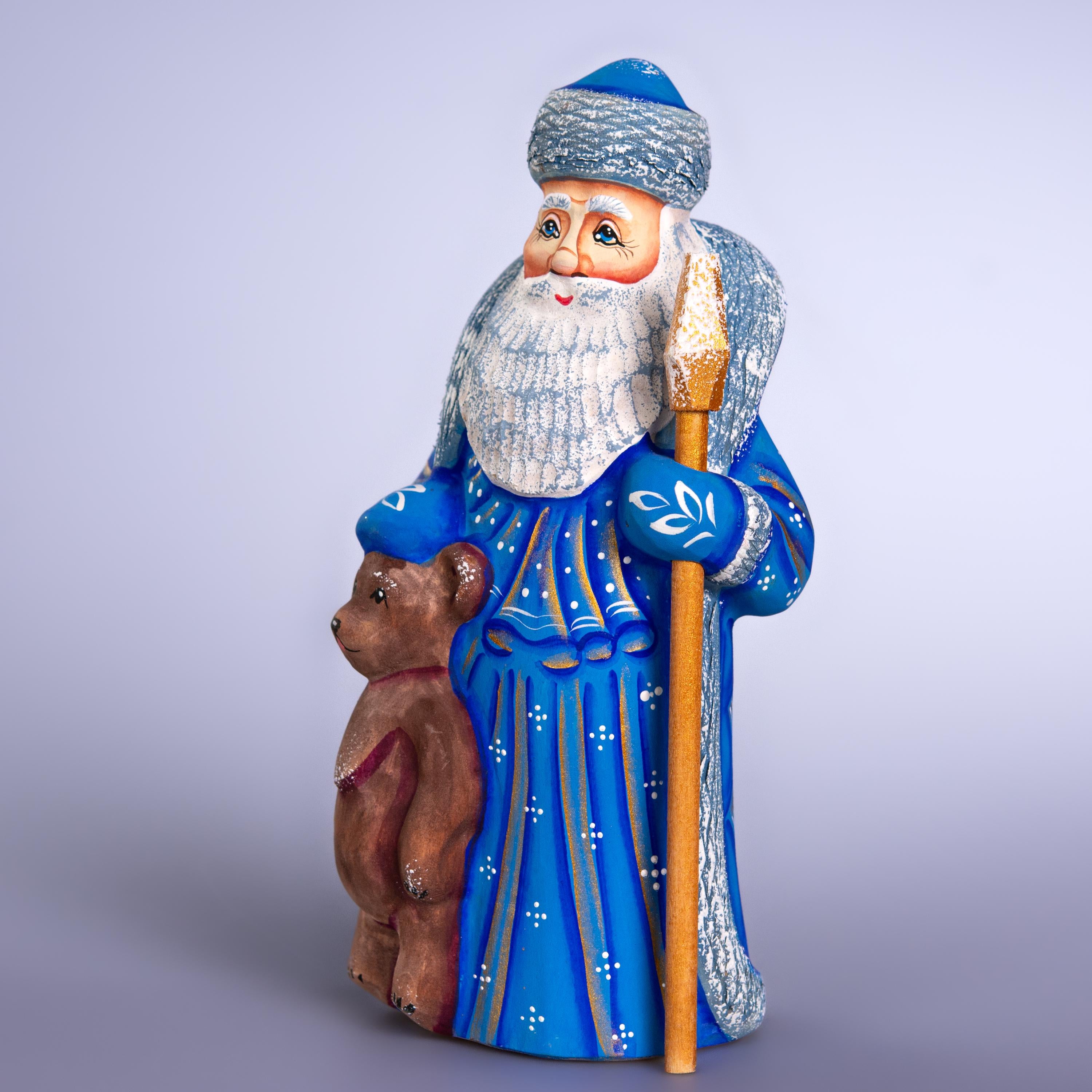 Old World Father Christmas Figurine 8 inch, Blue Robe, Santa with Bear, Hand Painted