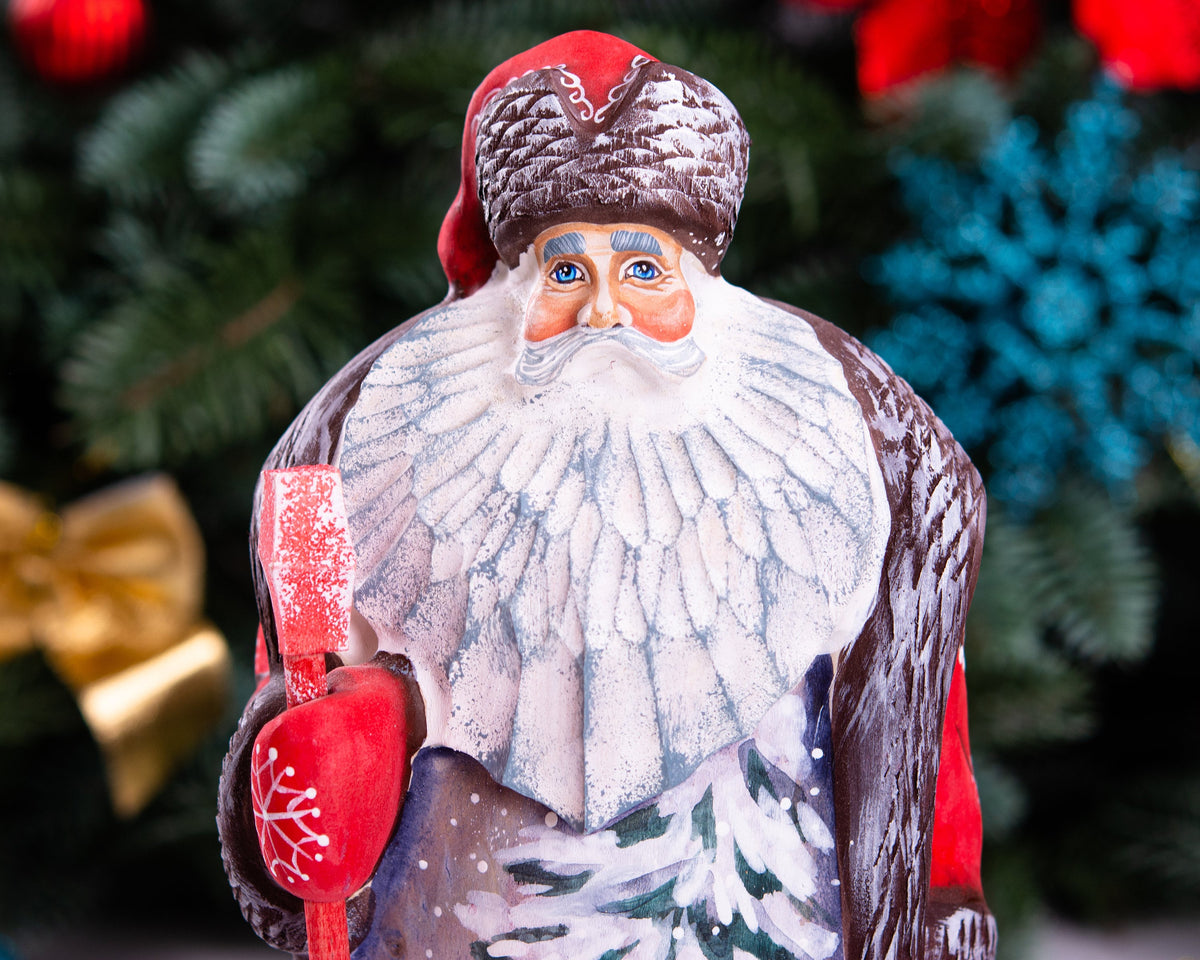 Hand carved wooden Santa figurine 9.5 inch, boy with sled, Christmas mantel decor