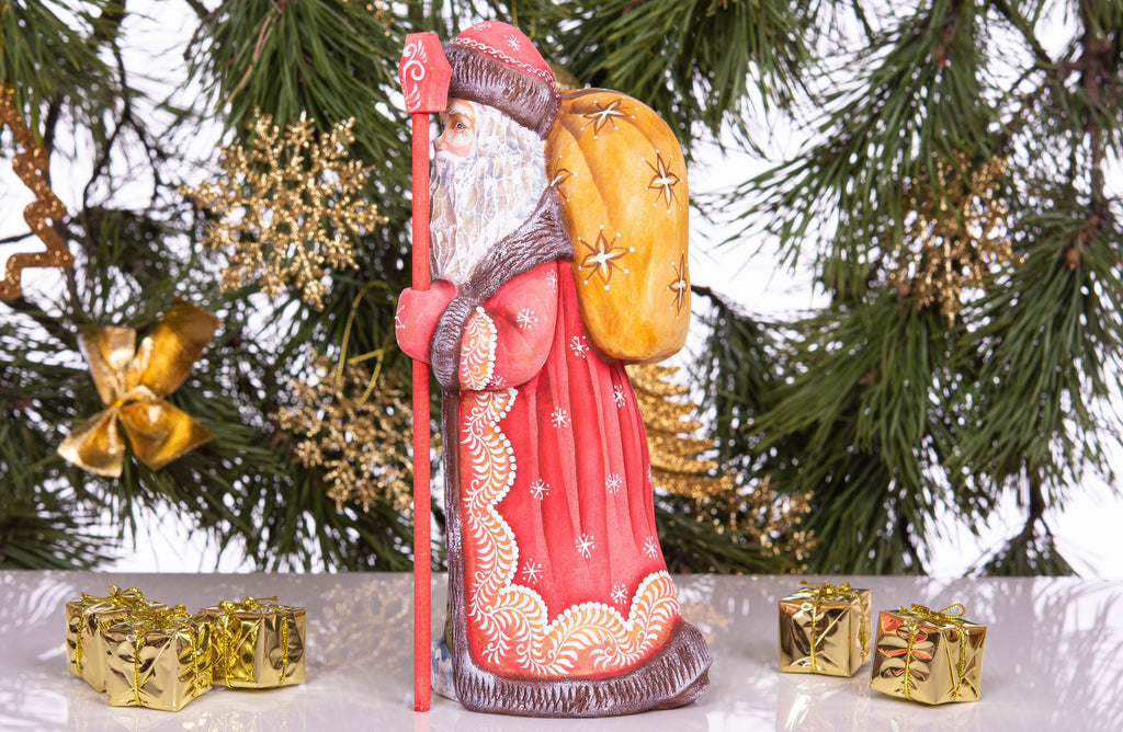 Hand carved Santa Claus wood figure 10 inch, gift sack, rustic holiday shelf display