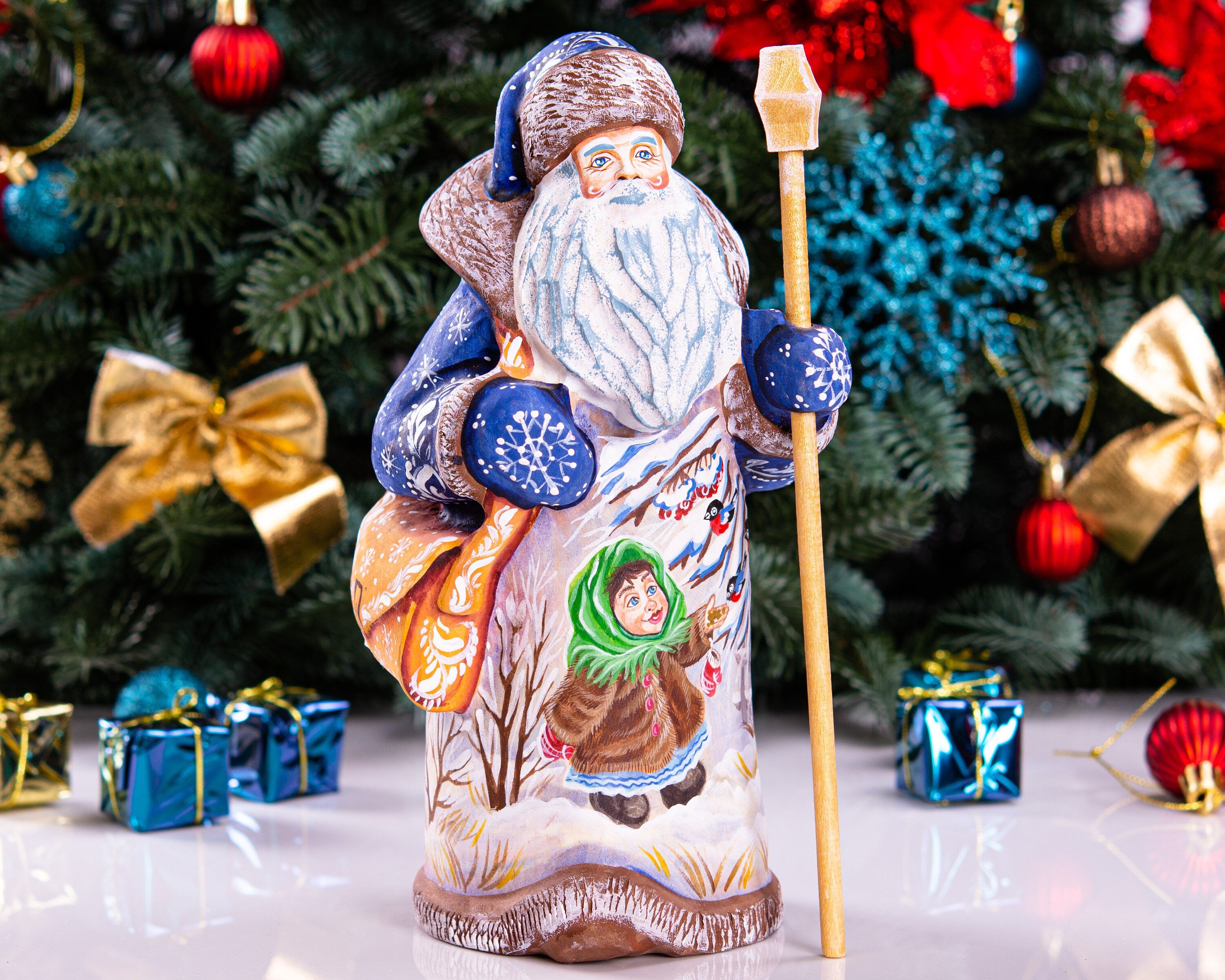 Old-World Santa wood figurine 9 inch, child with winter birds scene, shelf display