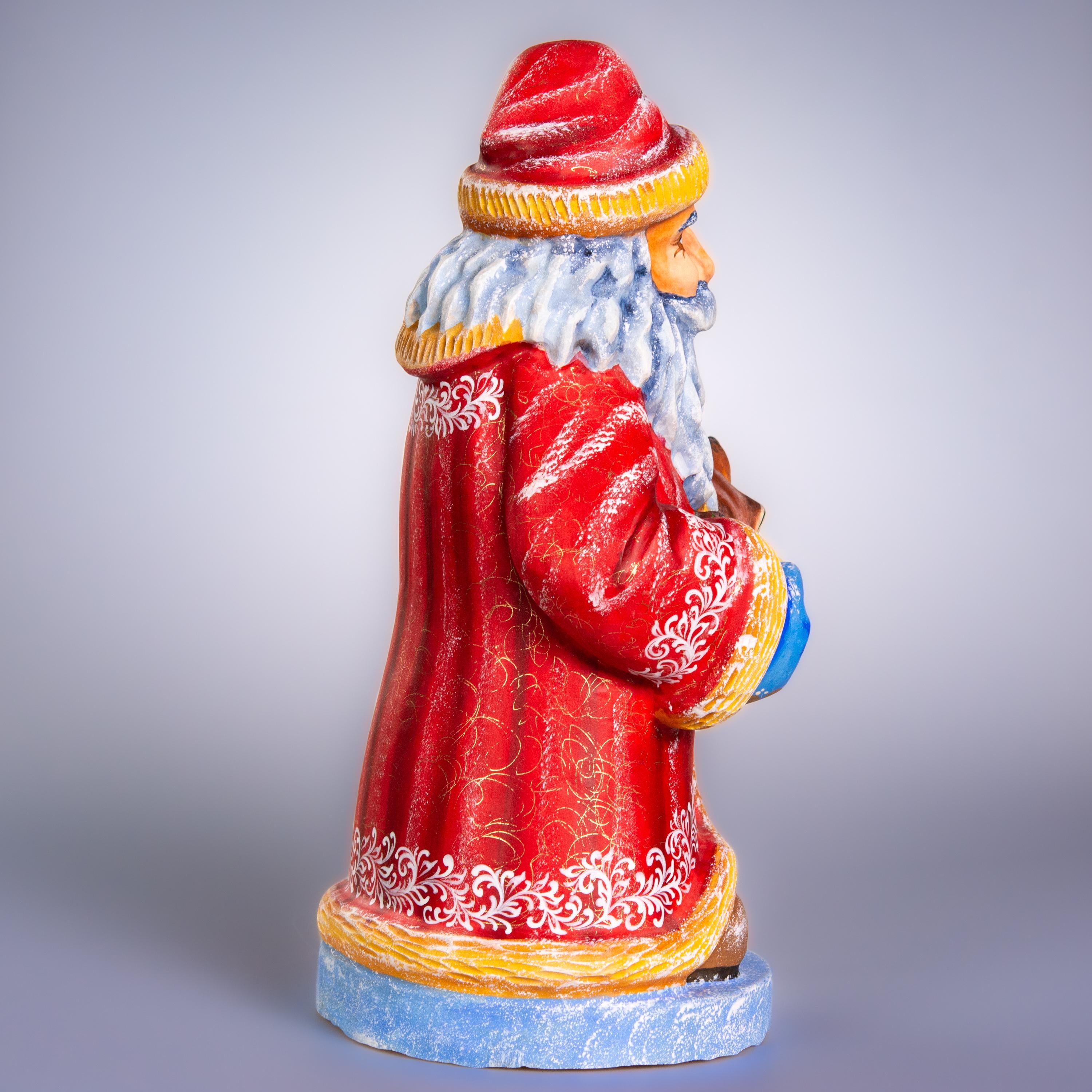 Hand carved Old-World Santa wooden figurine 14 inch, deer fawn apple scene, mantel decor