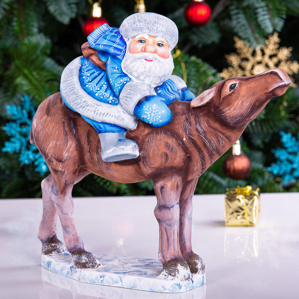 Old World Santa wooden figurine 8 inch, moose ride mantel display