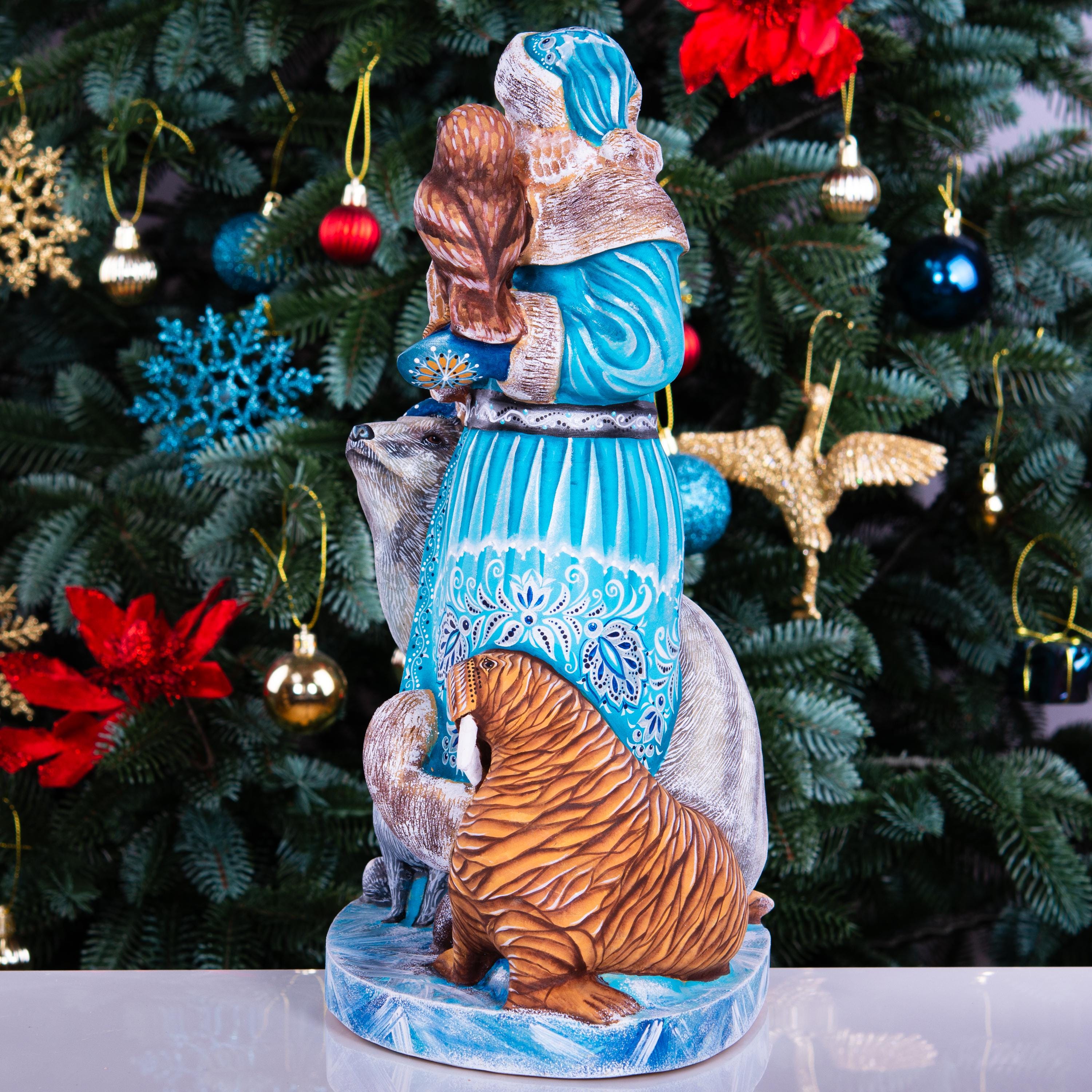 Hand carved Old-World Santa wooden figurine 14 inch, Arctic wildlife scene, mantel decor