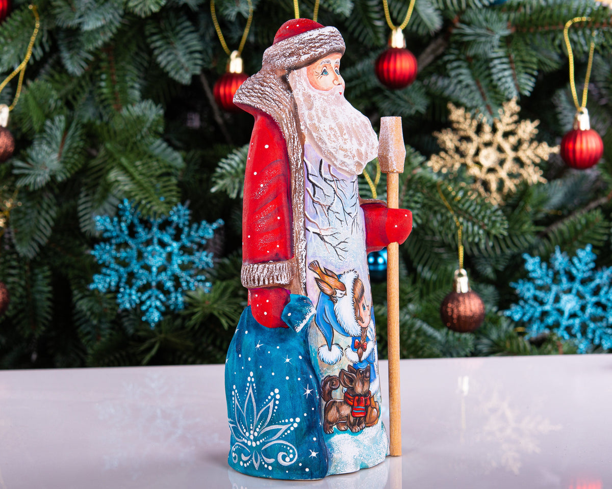 Hand carved wooden Santa figurine 9 inch, girl with animals, Christmas shelf decor