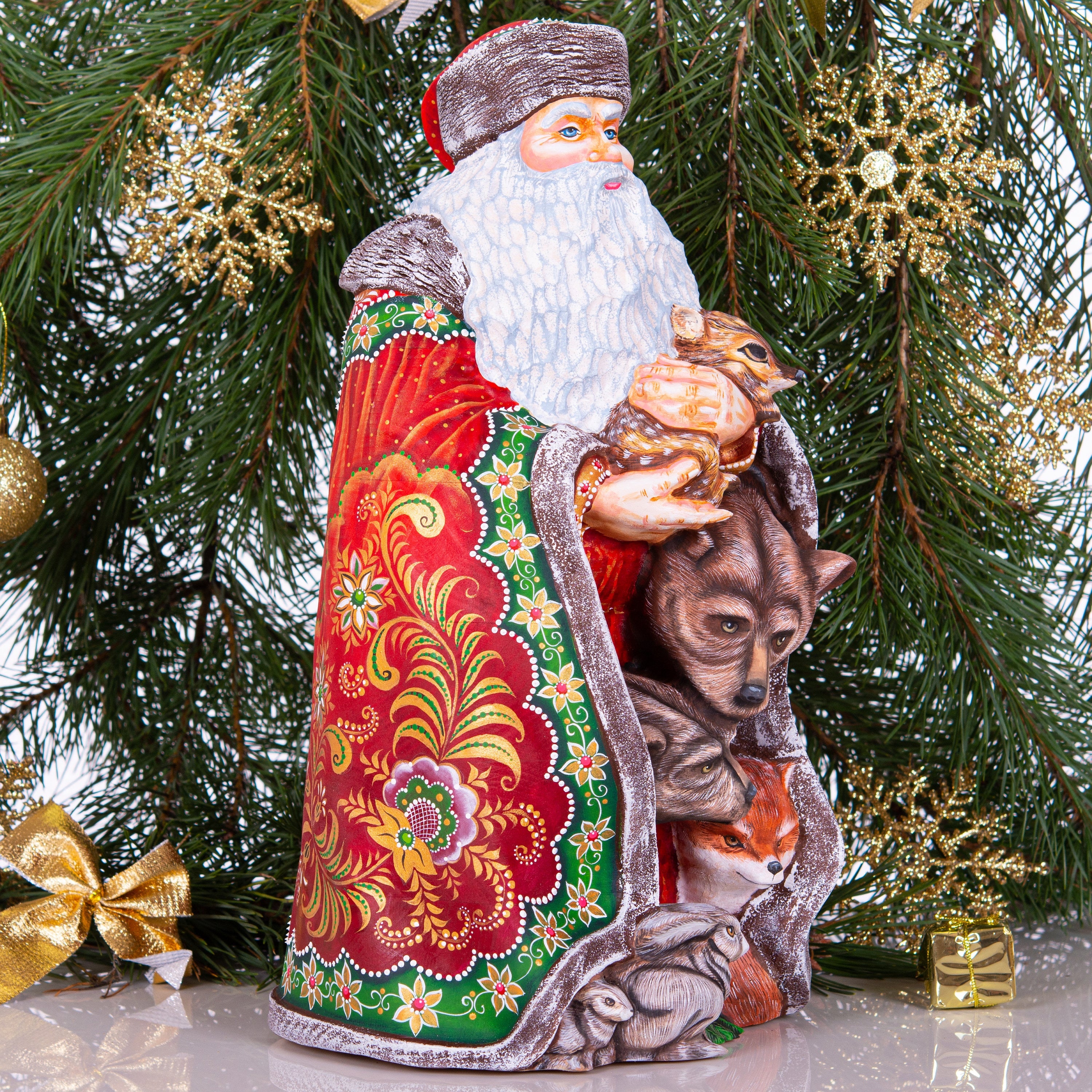 Hand Carved Wooden Santa Claus Figurine with Forest Animals (14")
