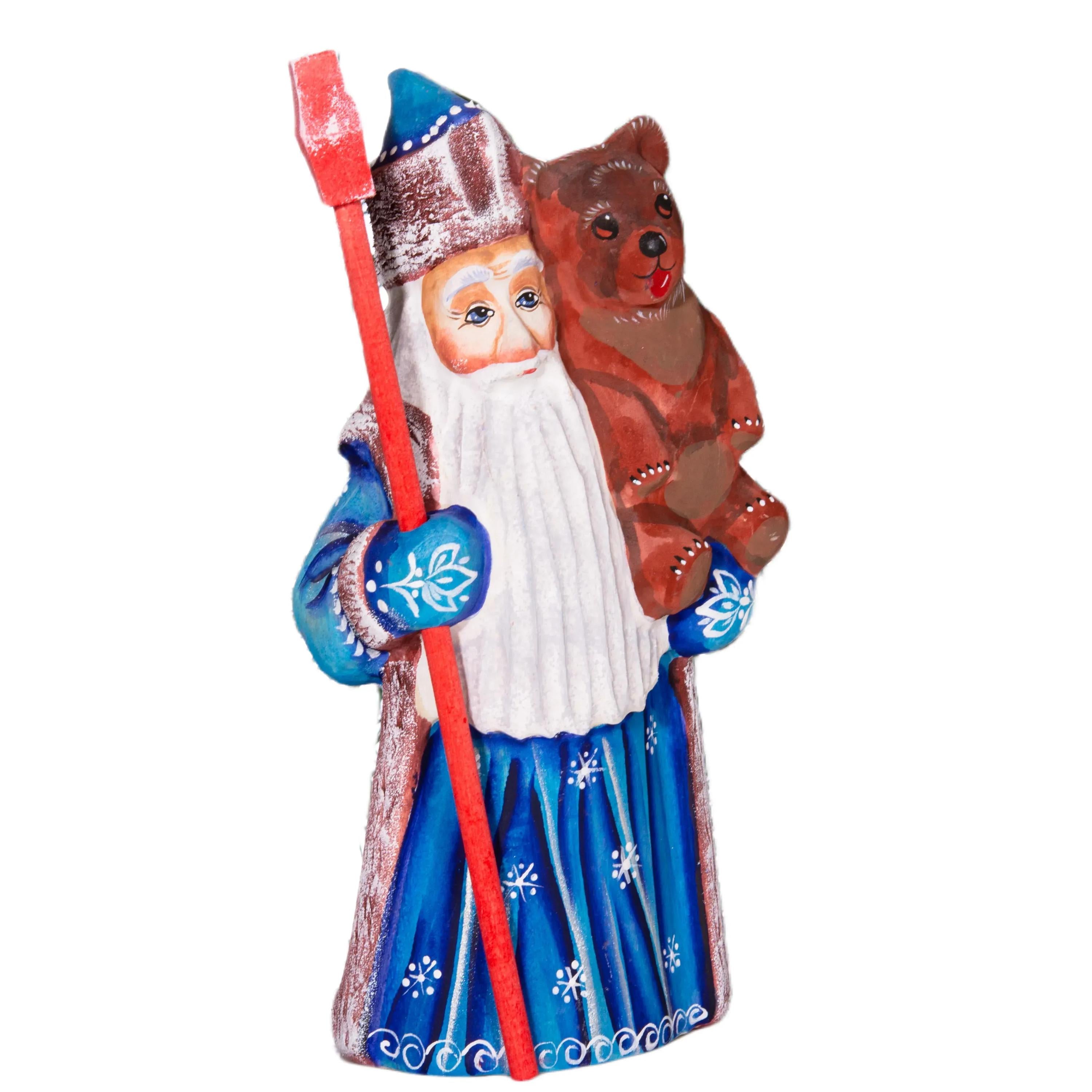 Old World Santa figurine 8.5 inch, carved wood, blue coat, holding bear, mantel display