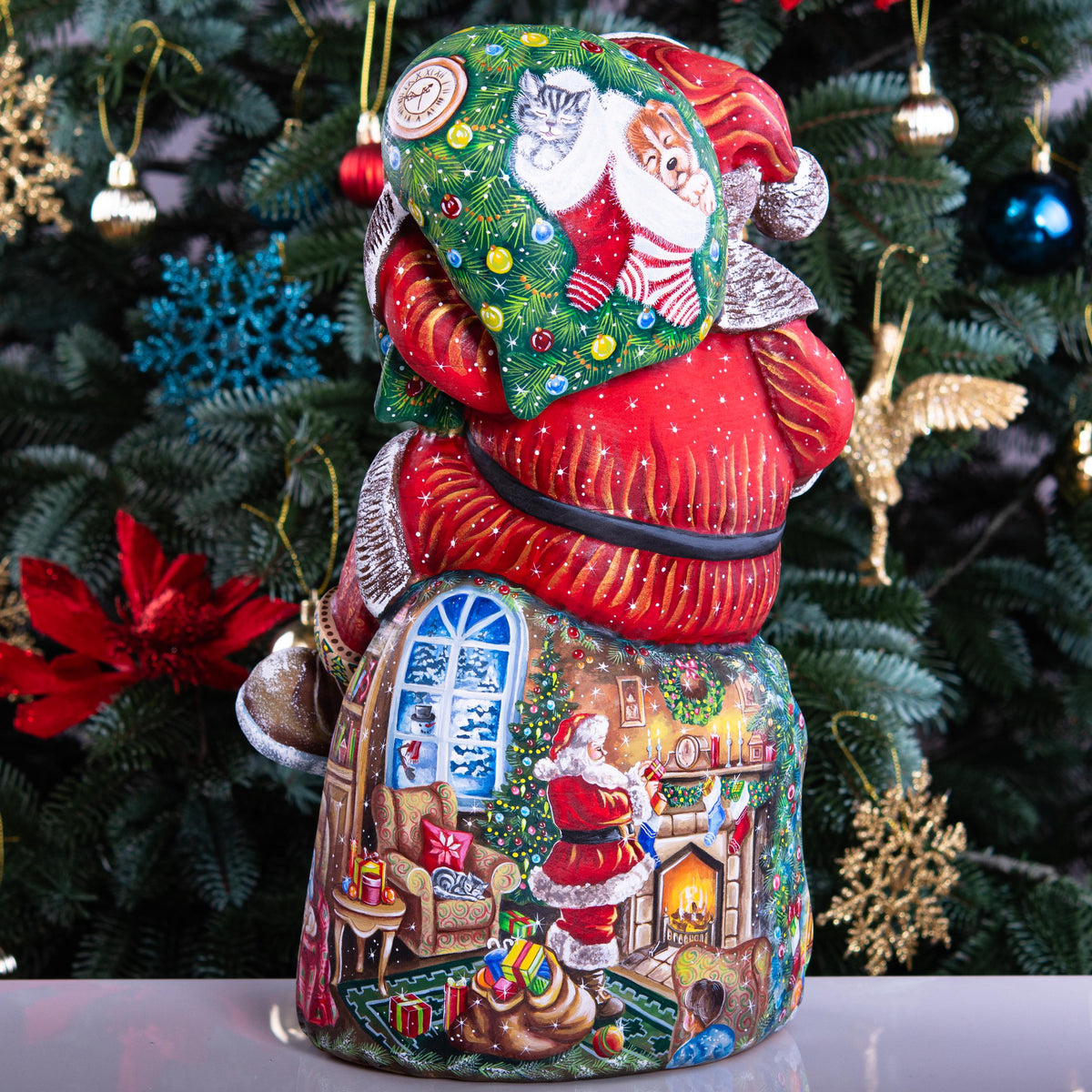 Artist Painted Santa Figurine 14 inch, Solid Wood, Fireplace and Gifts Mantel Decor