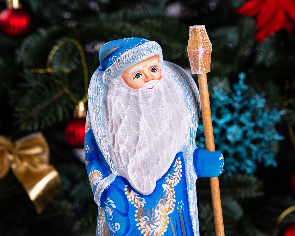 Hand carved Santa wooden figurine 8.7 inch with staff, folk art mantel decor