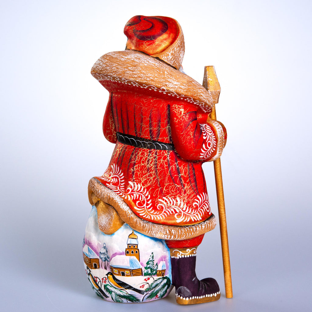 Hand carved Santa wooden figurine 9.7 inch, winter birds village scene