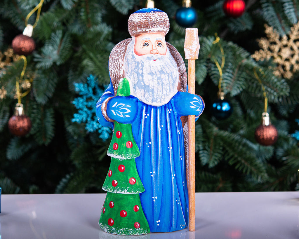 Hand carved Santa wooden figurine 7.9 inch, Christmas tree accent, holiday shelf decor