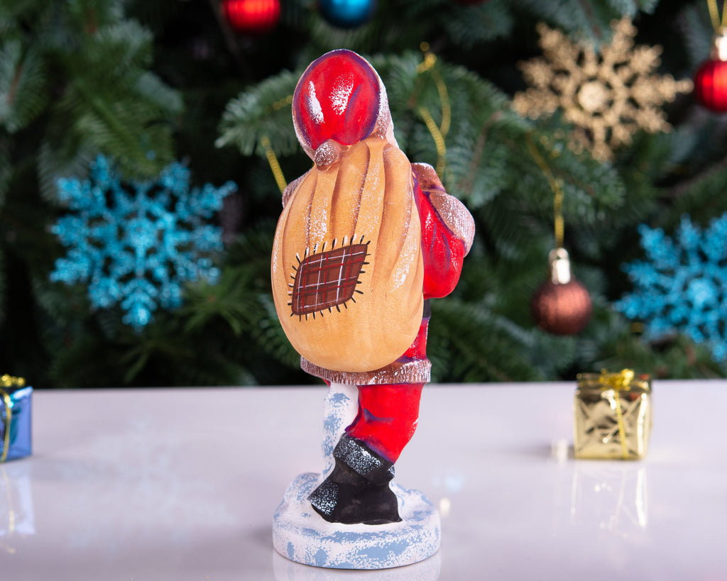Kris Kringle Santa figurine 7 inch, carved wood, toy bag, holiday home decor