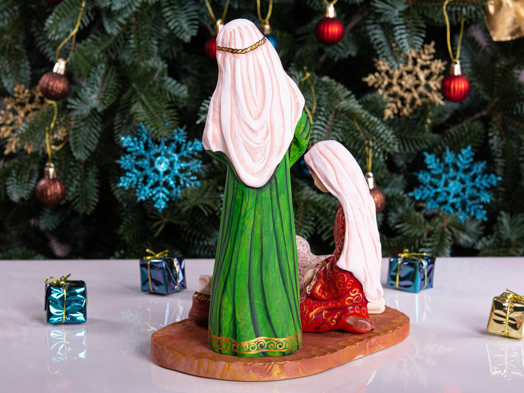 Hand Carved Wooden Nativity Set: Painted Christmas Crèche with Mary, Joseph, Jesus & Sheep