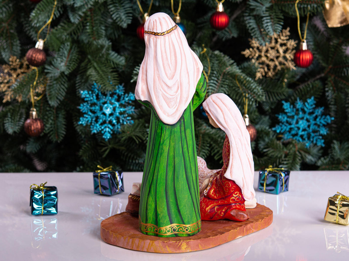 Hand Carved Wooden Nativity Set: Painted Christmas Crèche with Mary, Joseph, Jesus & Sheep
