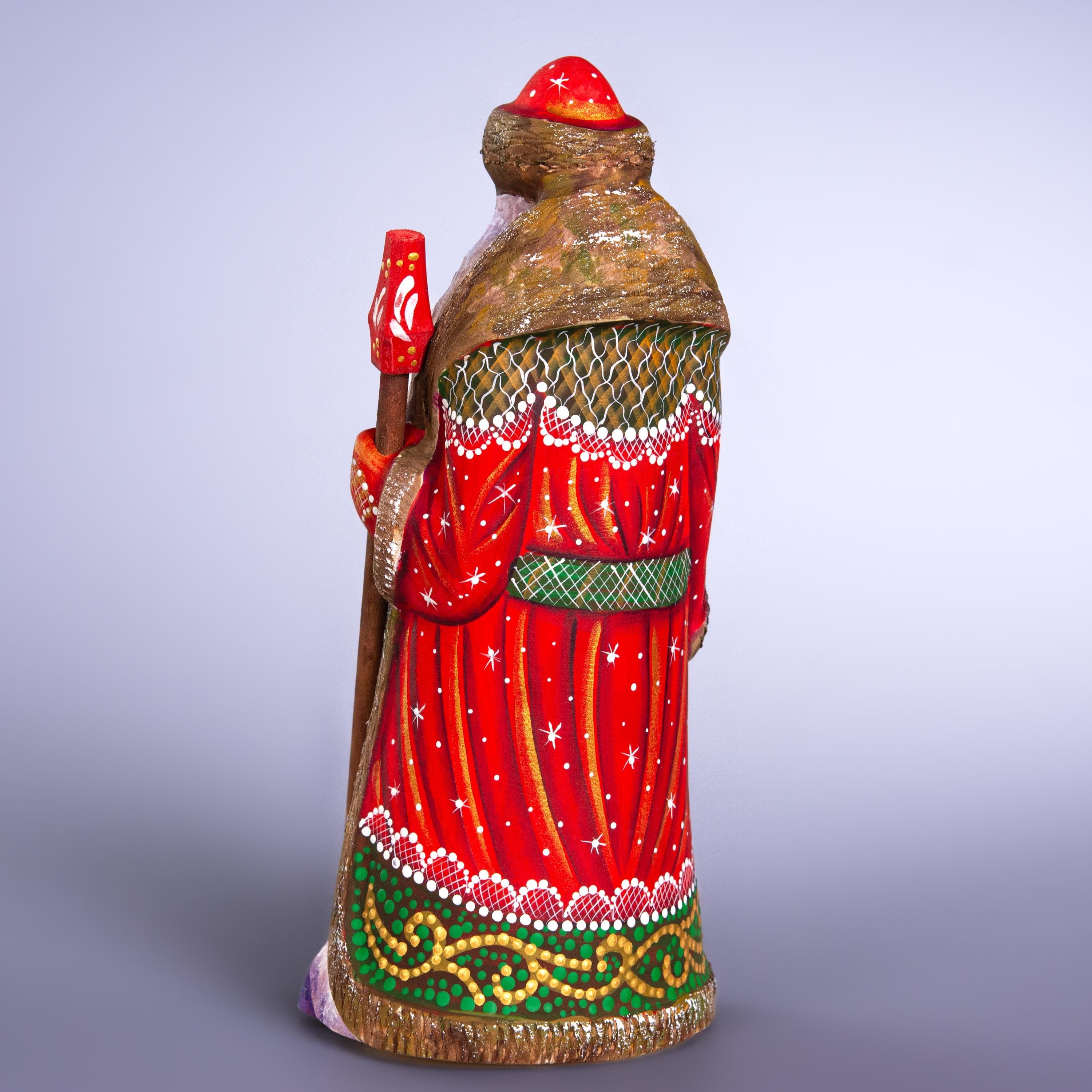Hand Painted Santa Figurine: Carved Wood, Church Scene, Signed