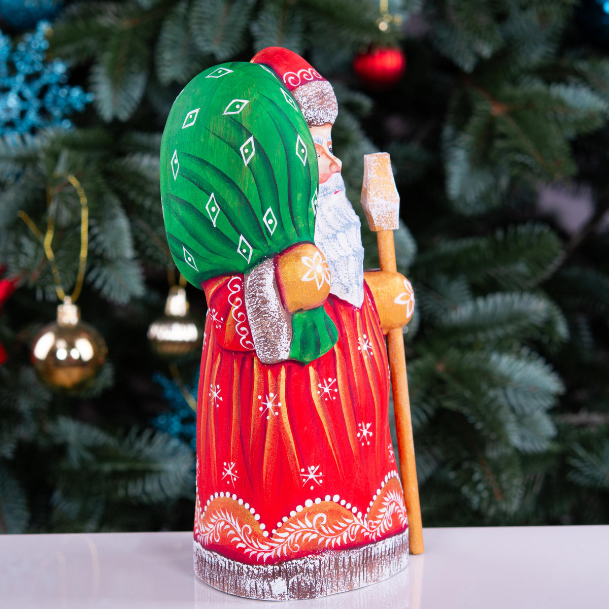 Hand carved wooden Santa figurine 8 inch, gift sack, mantel decor