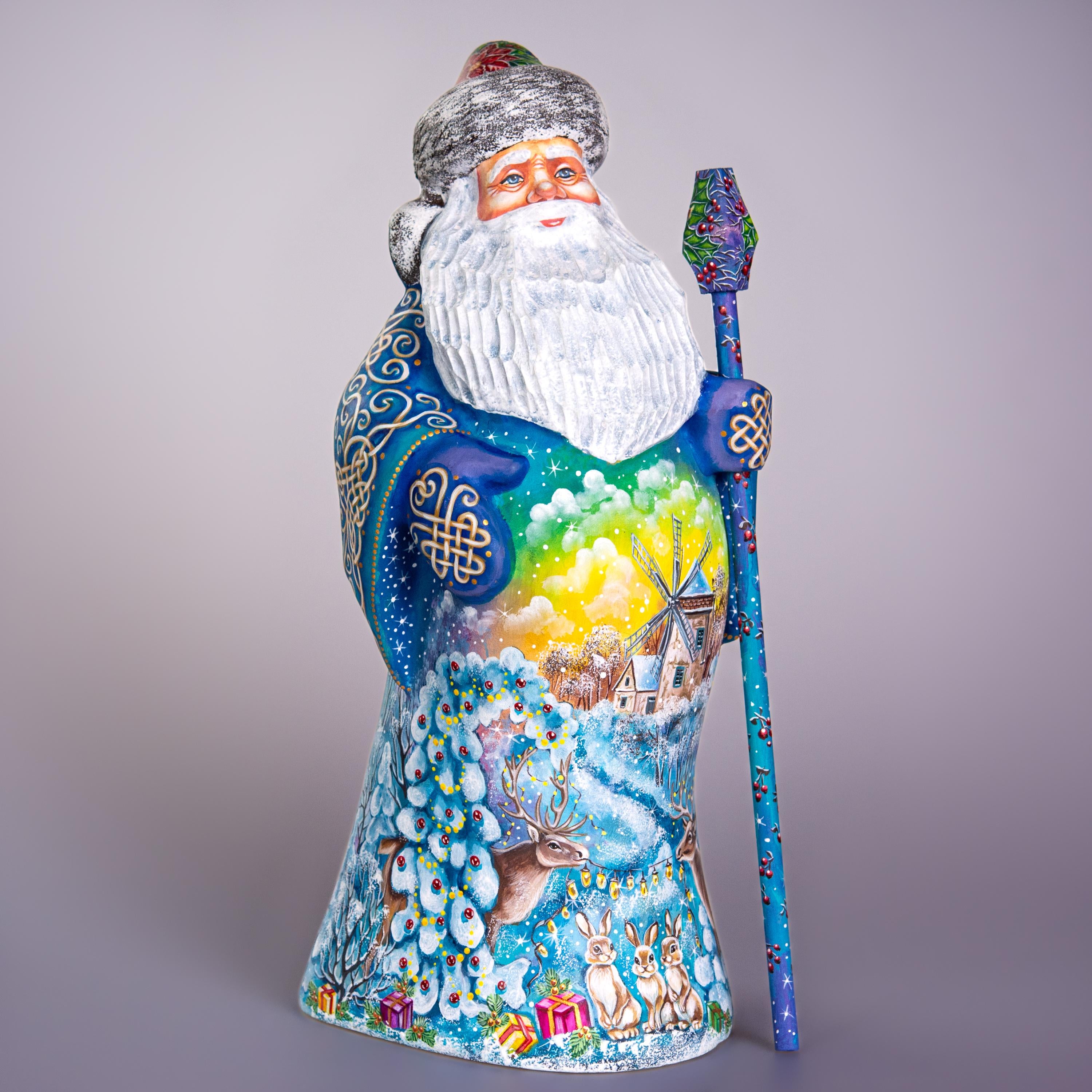 Old World Santa figurine 13 inch, carved wood, blue coat, woodland deer and rabbits