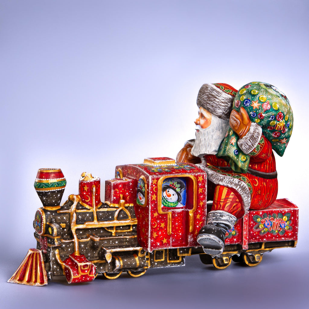 Hand-Carved Wooden Santa Claus Riding Christmas Train – Holiday Tabletop Decor – Collectible Xmas Gift