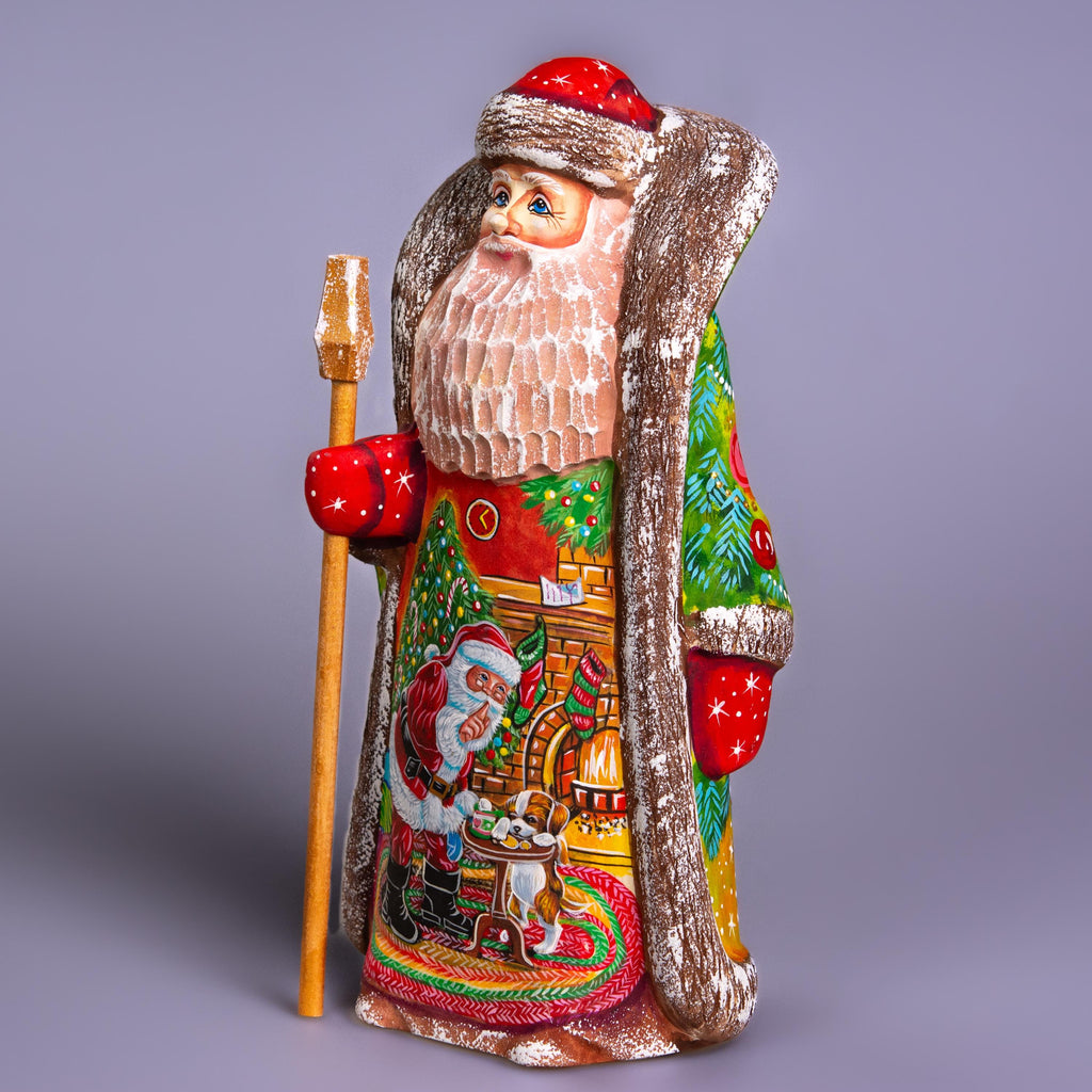 Hand carved Santa wooden figurine 9.4 inch, Christmas dog scene