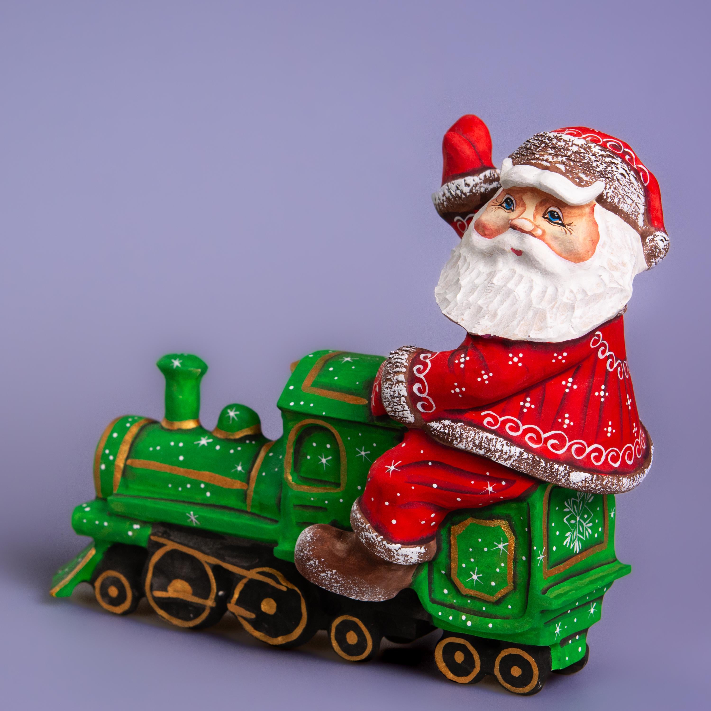Hand Carved Santa on Locomotive Figurine 9.5 inch: Wooden Christmas Decoration