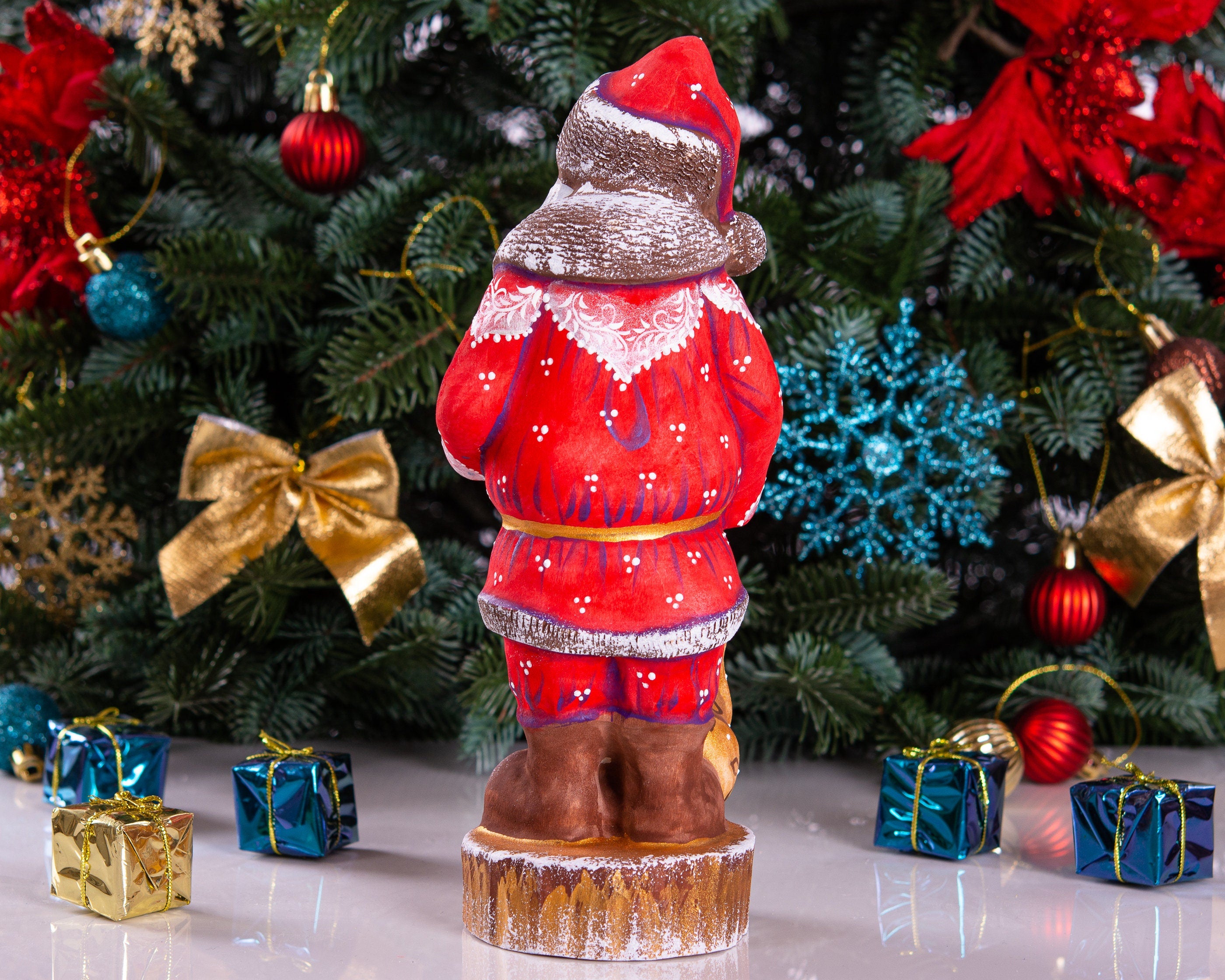 Old World Santa figurine 9.5 inch, carved wood, snowman figure, tabletop centerpiece decor