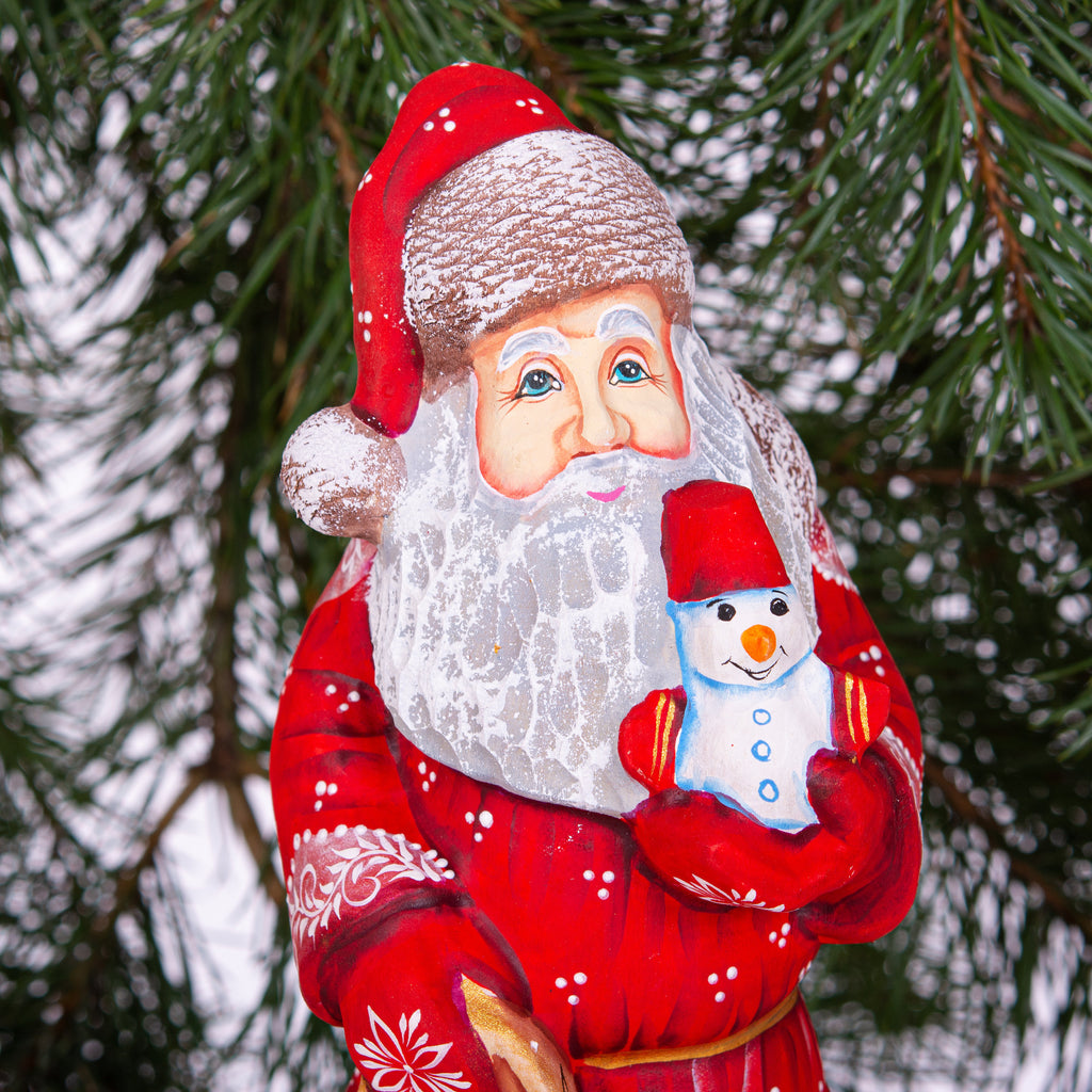 Hand carved Santa wood figurine 10 inch, snowman toy, gift sack, Christmas mantel decor
