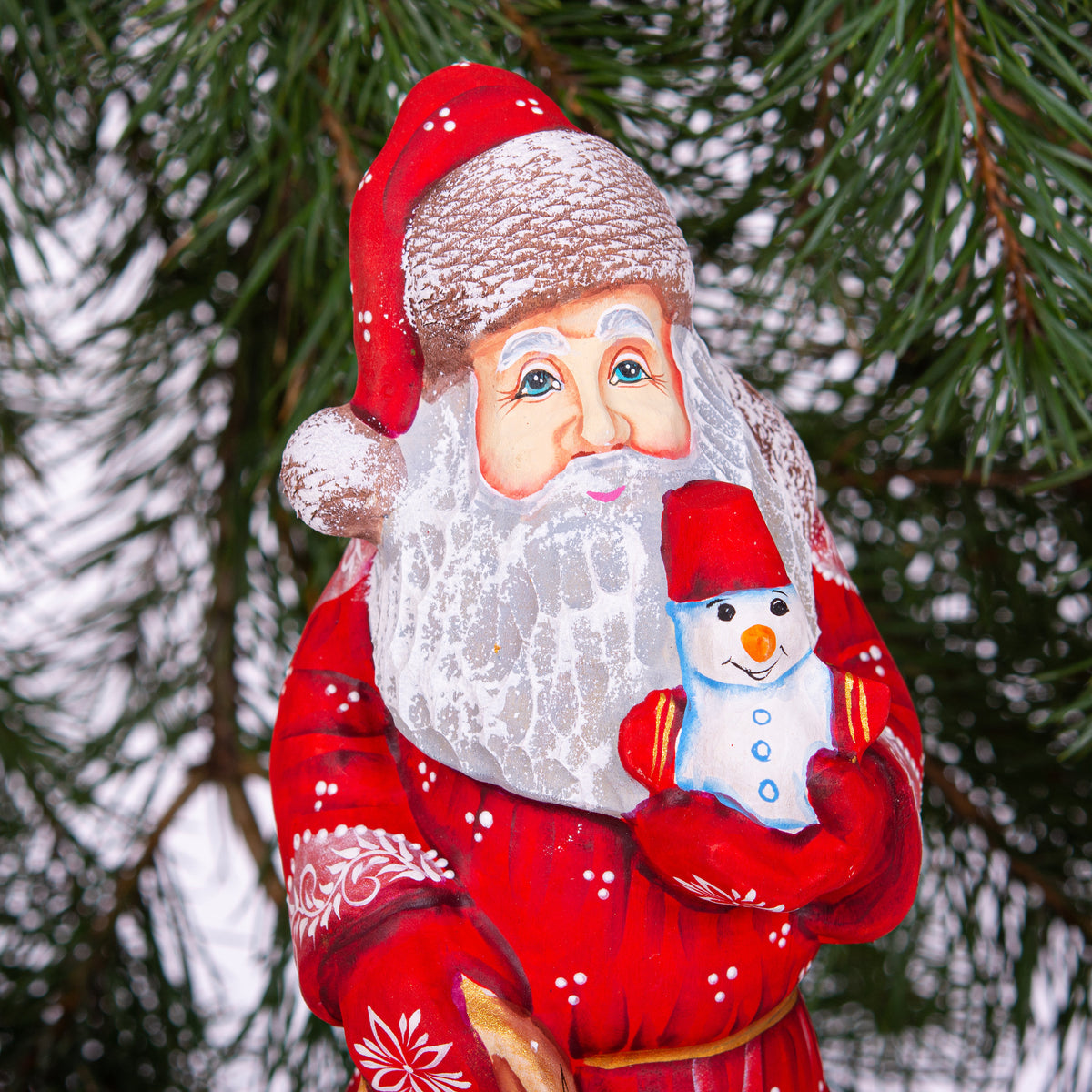 Hand carved Santa wood figurine 10 inch, snowman toy, gift sack, Christmas mantel decor