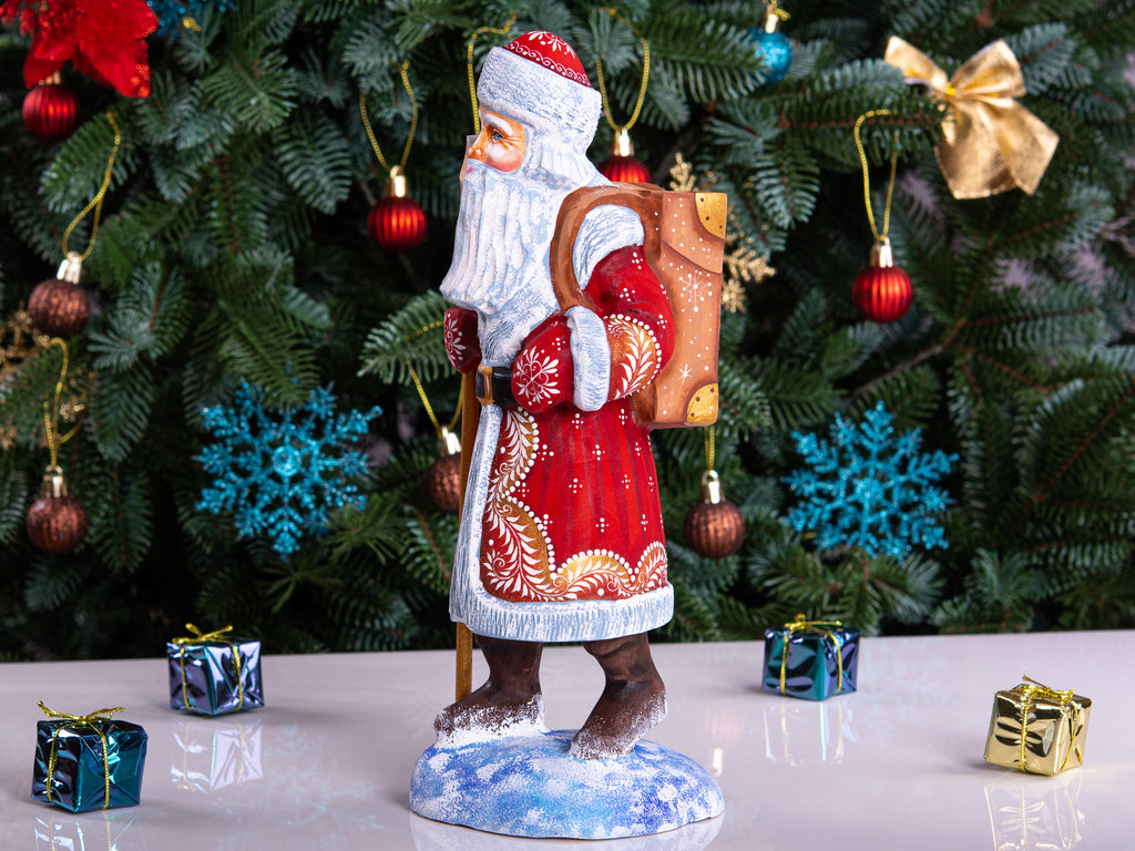 Hand carved wooden Santa figurine 11 inch, with backpack and staff, Christmas mantel decor