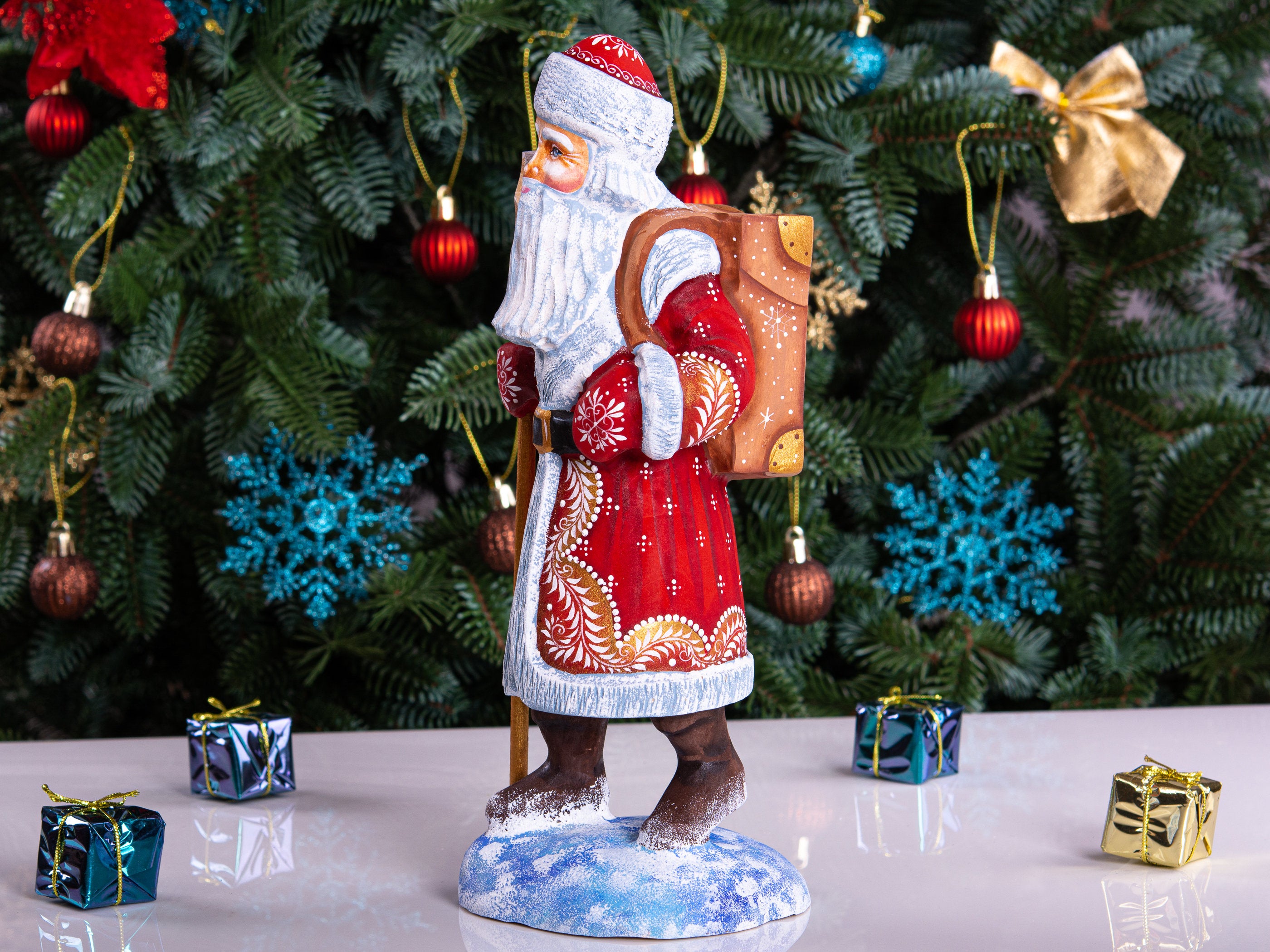 Hand carved wooden Santa figurine 11 inch, with backpack and staff, Christmas mantel decor