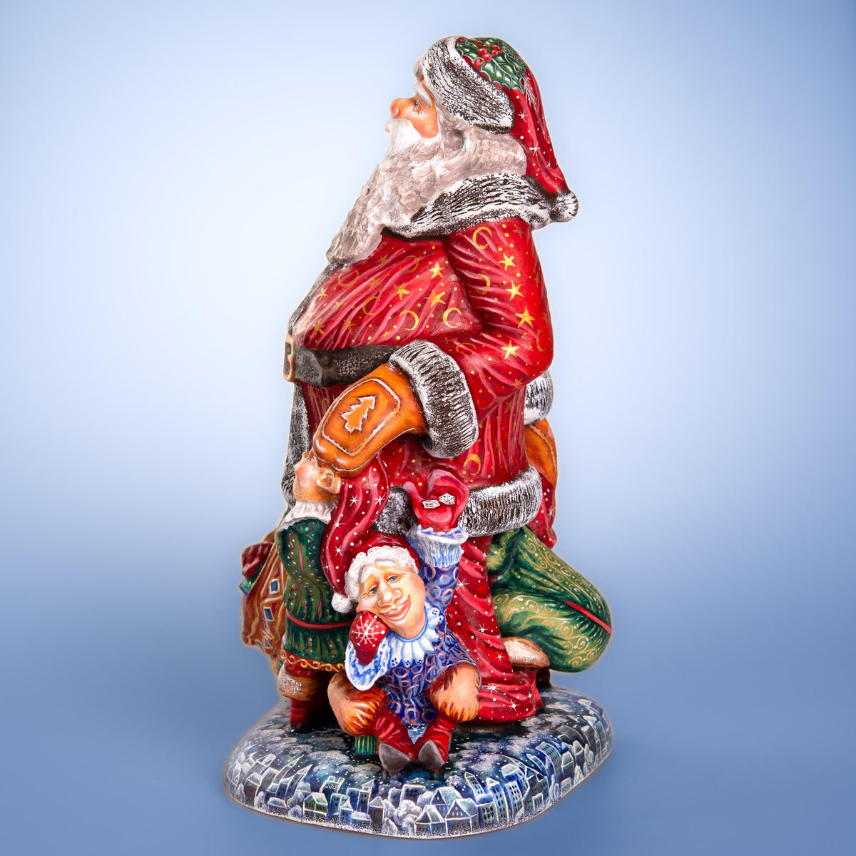 Hand carved wooden Santa figurine 14 inch, elves, mantel decor
