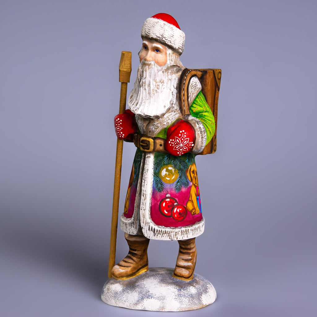 Santa with Puppy Figurine 11", Hand Carved Wood, Christmas Mantel Decor
