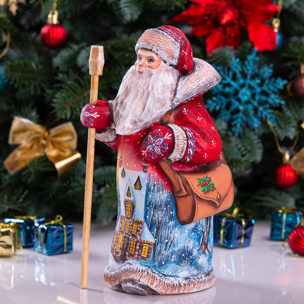 Red Santa Claus Figurine with Staff and Bag, Hand Painted Wood Christmas Decor with Snowy Landscape, Holiday Gift for Home or Collection