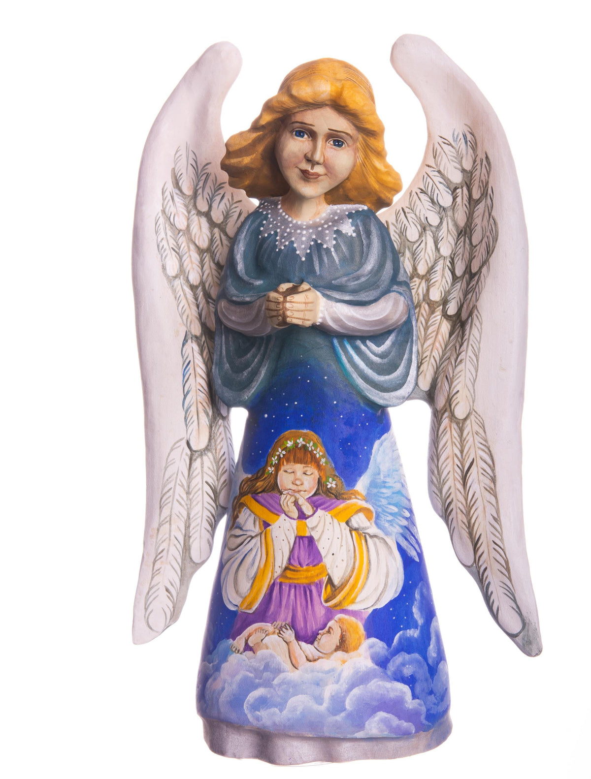 Hand painted angel figurine 9 inch, heavenly clouds scene mantel display