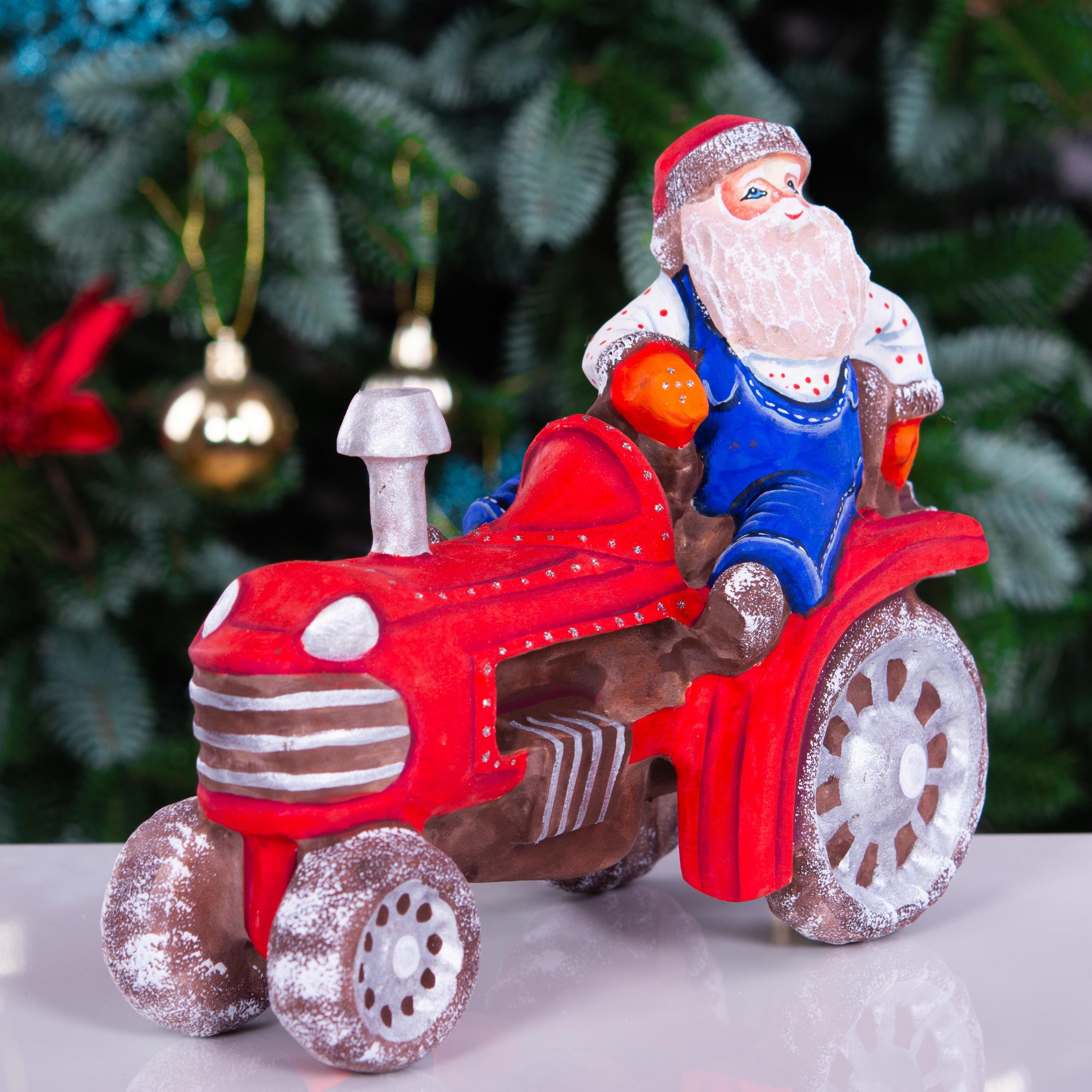 Hand-Carved Wooden Santa Claus Figurine on Tractor: Christmas Home Decor