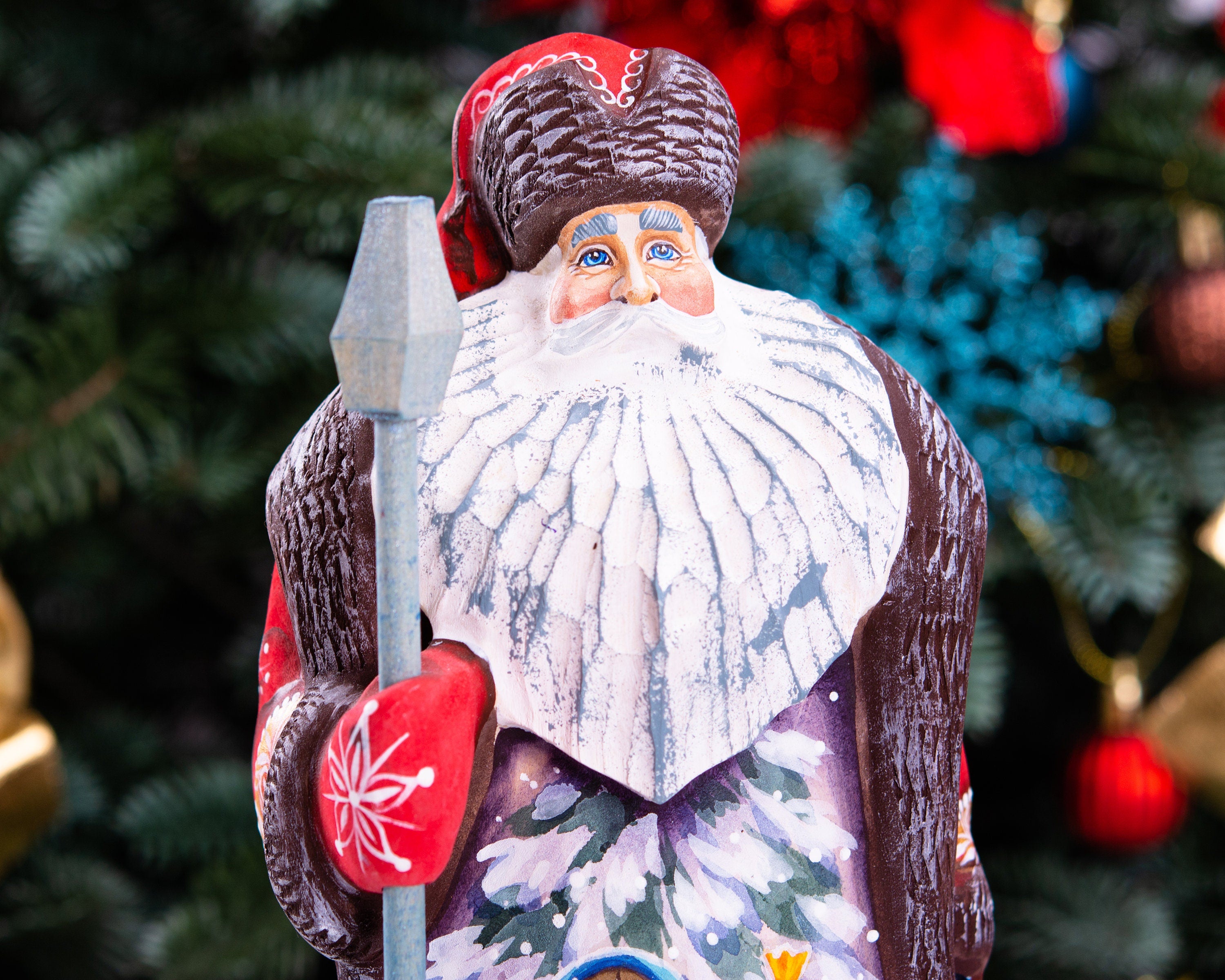 Kris Kringle wooden Santa figurine 9.4 inch, folk art winter child scene, shelf decor