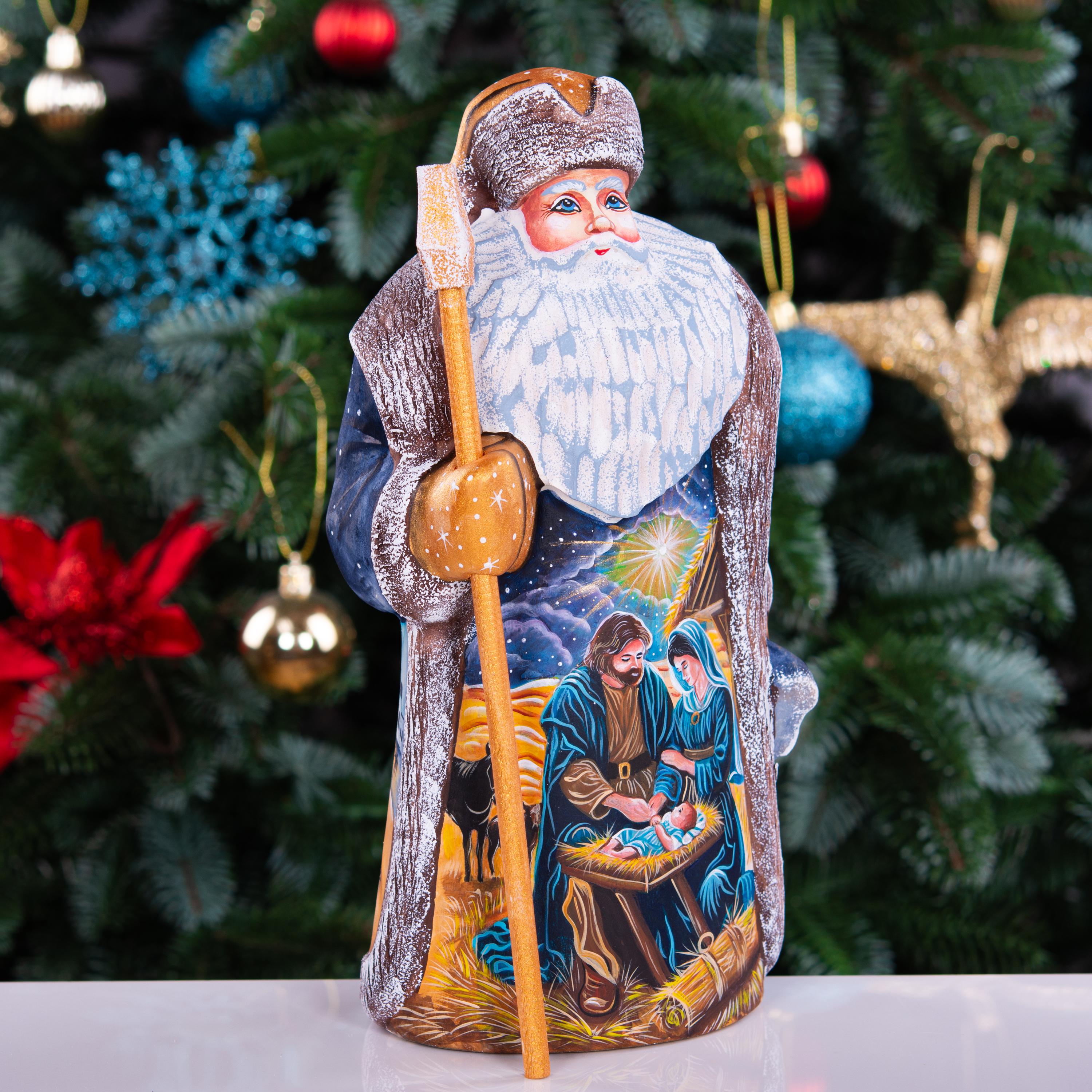 Santa Figurine 9", Holy Night Nativity, Hand Carved Wood