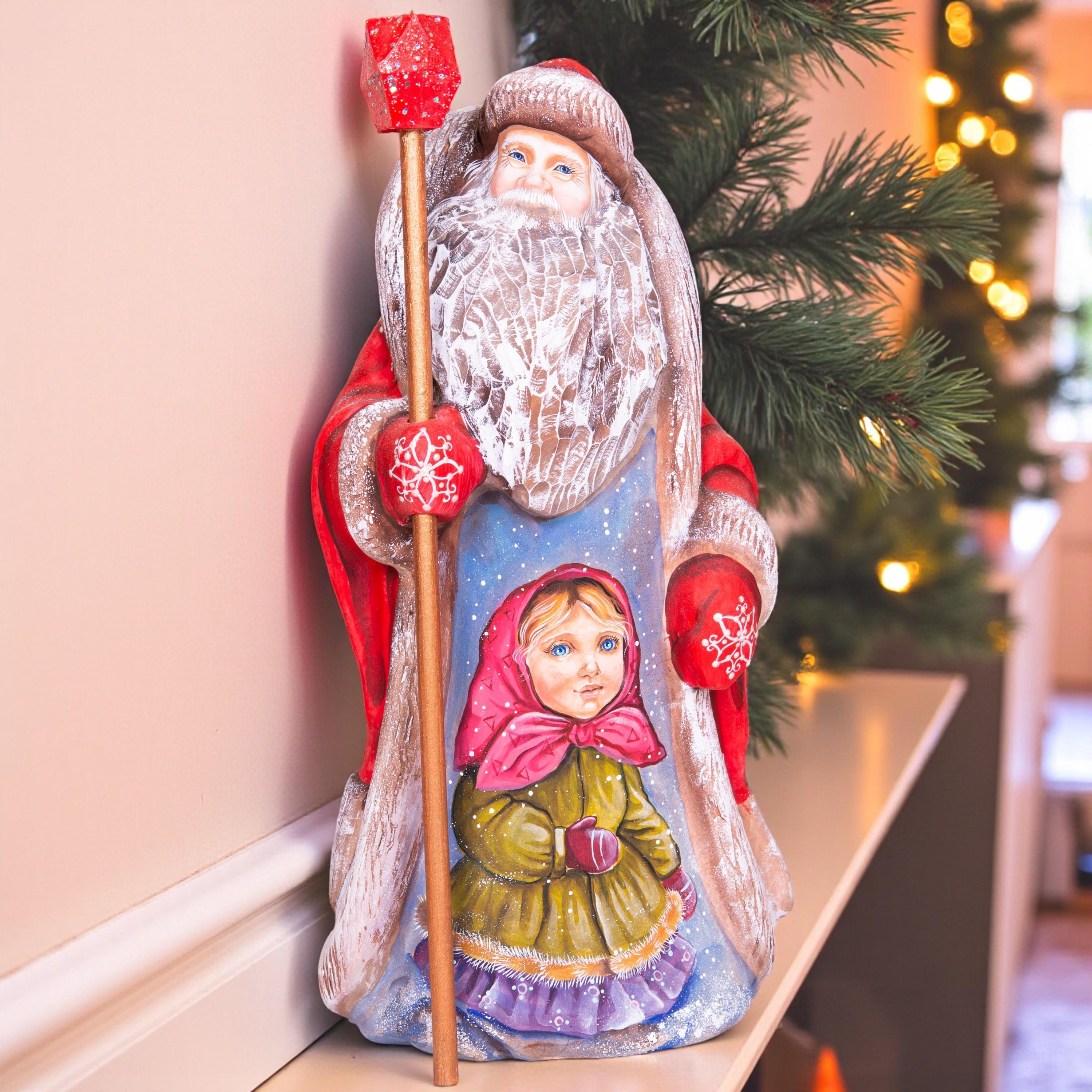Old World Santa wood figurine 9.5 inch, winter girl scene, Christmas mantel centerpiece
