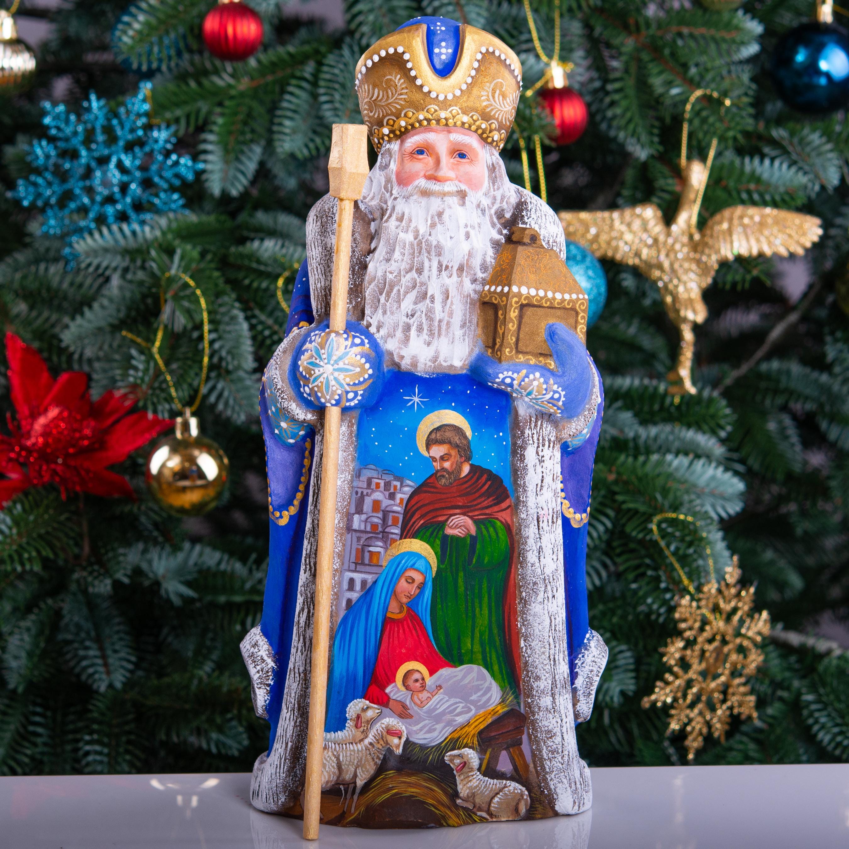 St Nicholas Figurine 12", Holy Family, Gold Staff, Christian Decor