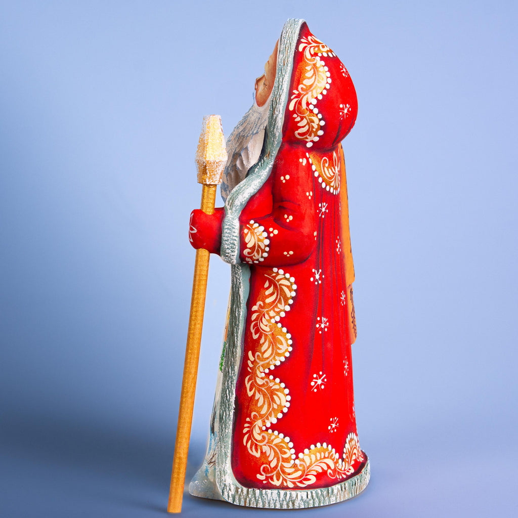 Hand carved Santa wooden figurine 9 inch with staff, winter village scene mantel decor