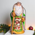 Hand Carved Wooden Santa Figurine: Green Coat, Christmas Holiday Door Scene