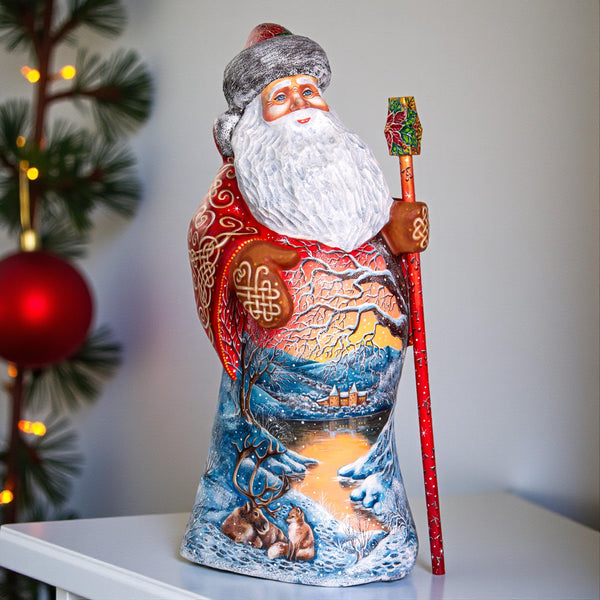 Hand carved wooden Santa figurine 13 inch, winter landscape scene, holiday centerpiece
