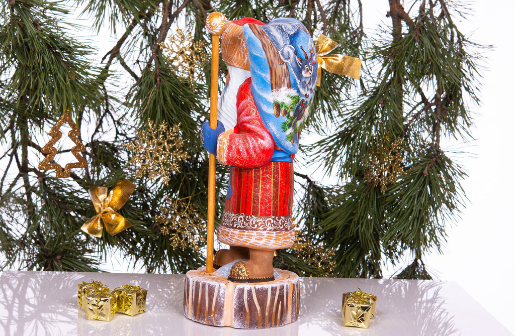 Hand carved wooden Santa figurine 13.8 inch, winter woodland animals artwork, mantel decor