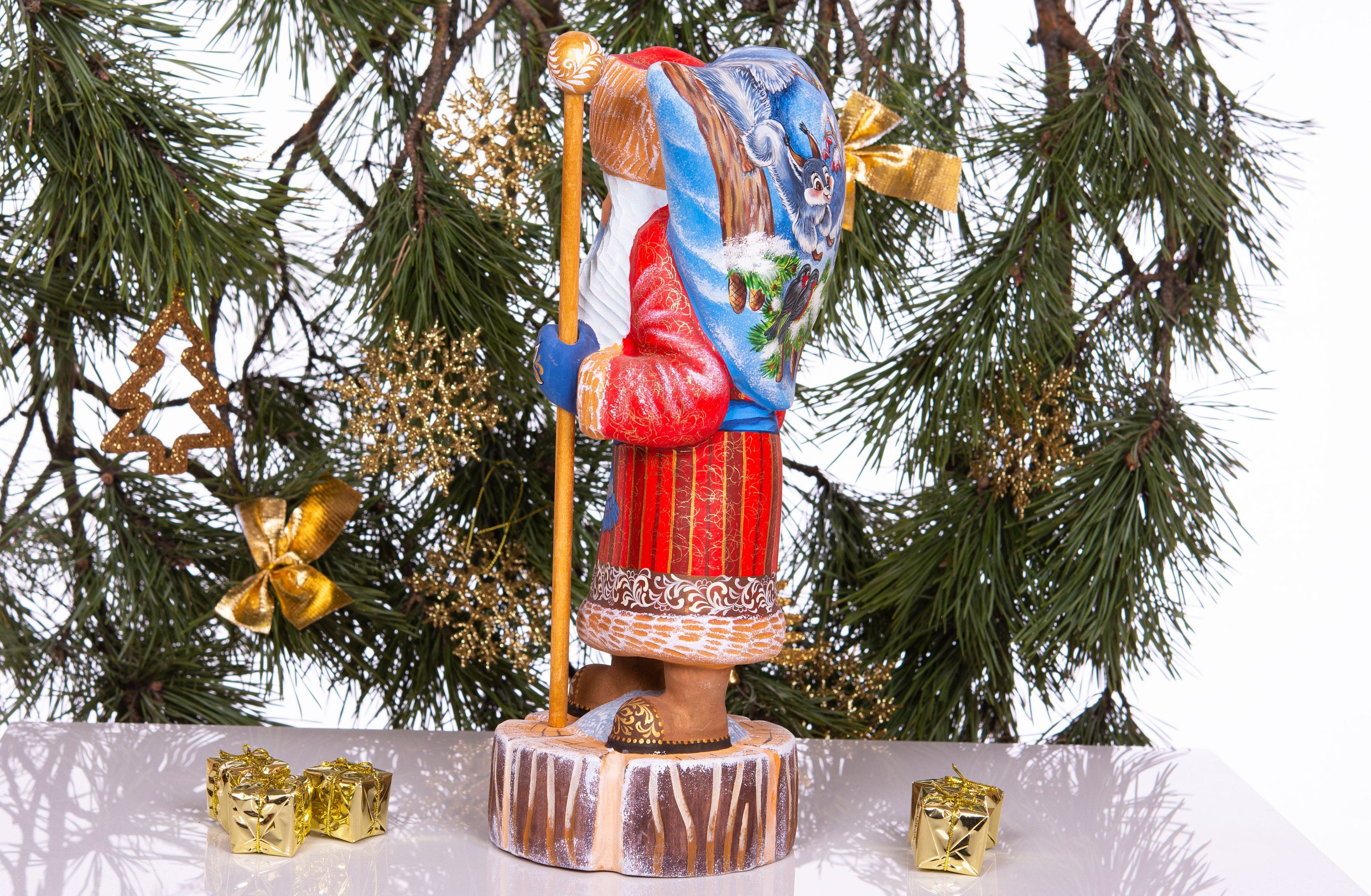 Hand carved wooden Santa figurine 13.8 inch, winter woodland animals artwork, mantel decor
